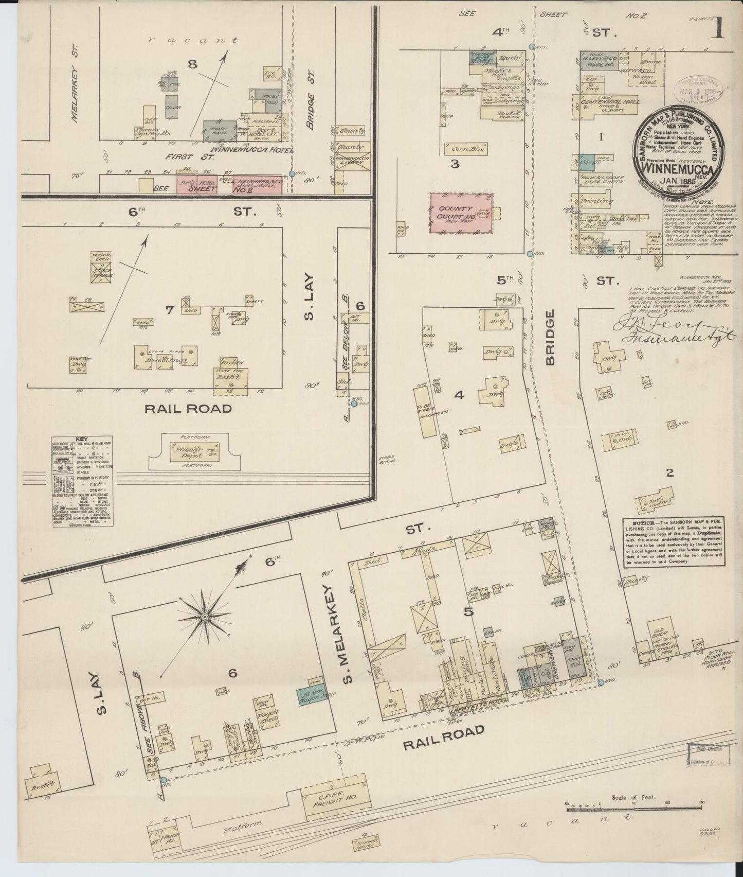 Sanborn Fire Insurance Map from Winnemucca, Humboldt County, Nevada (1885), Sheet #0001 - Historic Sanborn Fire Insurance Map Print, vintage old map wall art, antique decor, genealogy gift, Nevada Nevada map