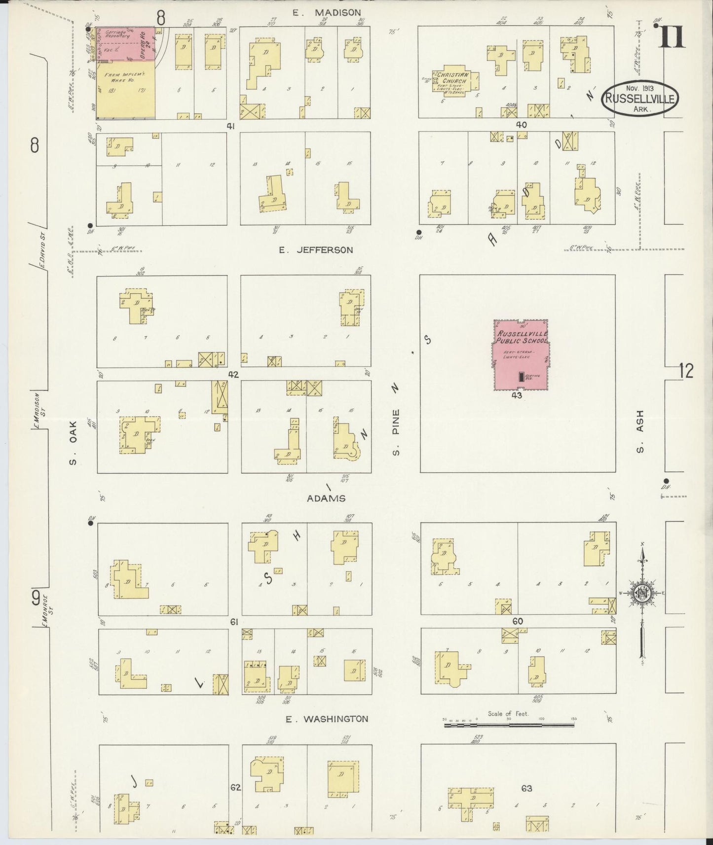 Sanborn Fire Insurance Map from Russellville, Pope County, Arkansas (1913), Sheet #0011 - Historic Sanborn Fire Insurance Map Print, vintage old map wall art, antique decor, genealogy gift, Arkansas Arkansas map