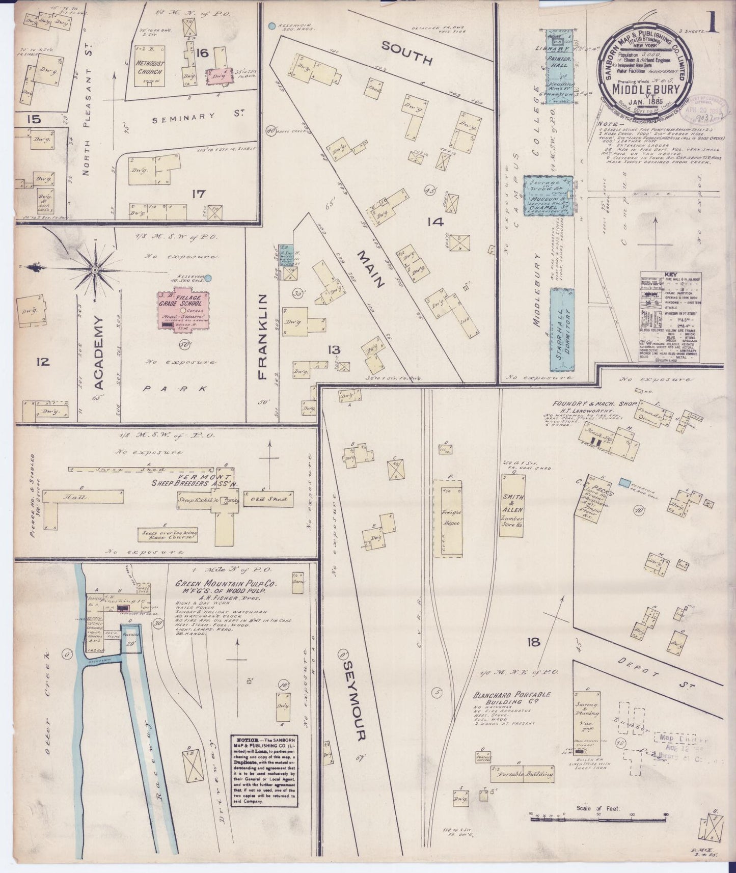 Sanborn Fire Insurance Map from Middlebury, Addison County, Vermont (1885), Sheet #0001 - Historic Sanborn Fire Insurance Map Print, vintage old map wall art, antique decor, genealogy gift, Vermont Vermont map