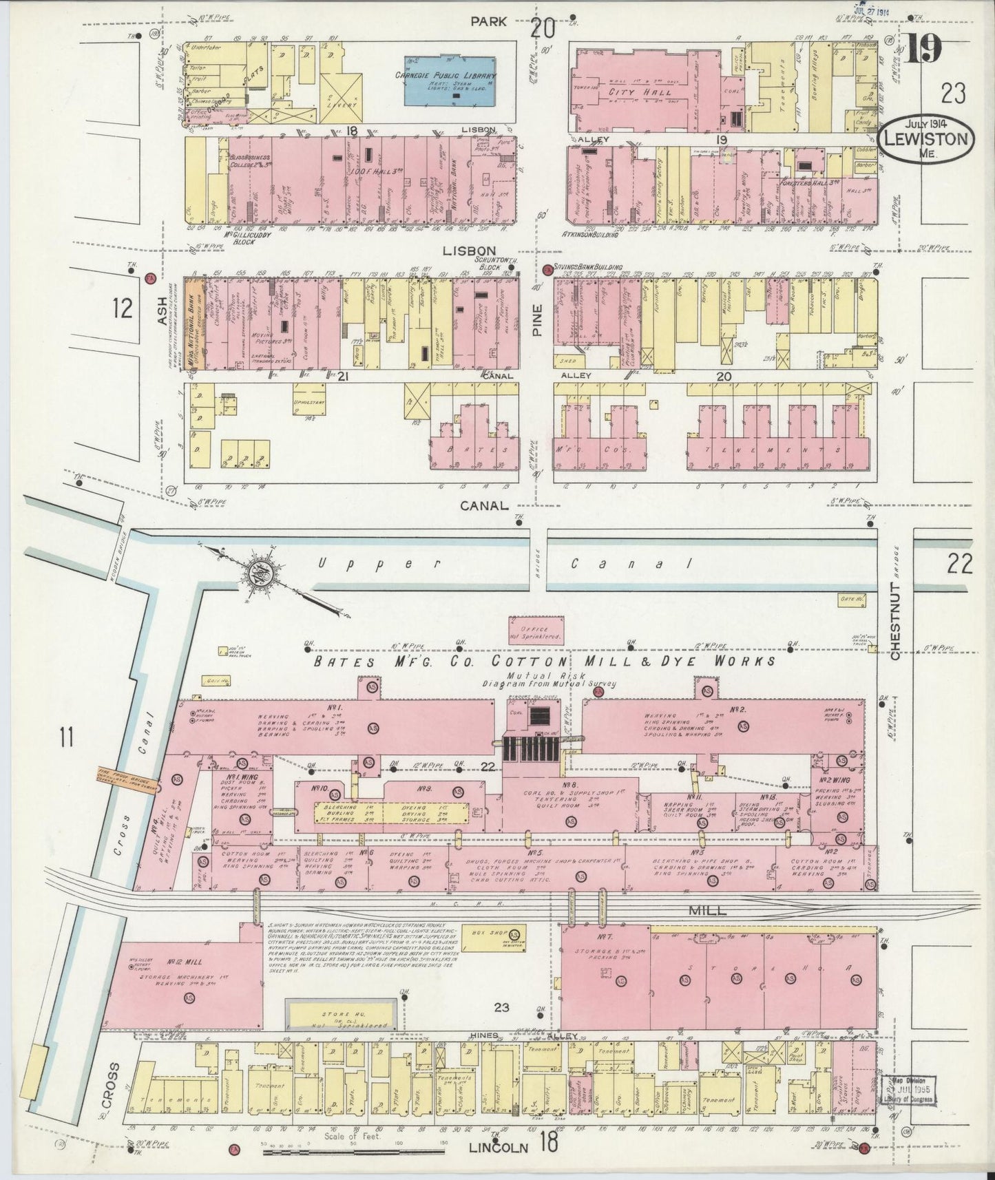 Sanborn Fire Insurance Map from Lewiston, Androscoggin County, Maine (1914), Sheet #0019 - Historic Sanborn Fire Insurance Map Print, vintage old map wall art, antique decor, genealogy gift, Maine Maine map