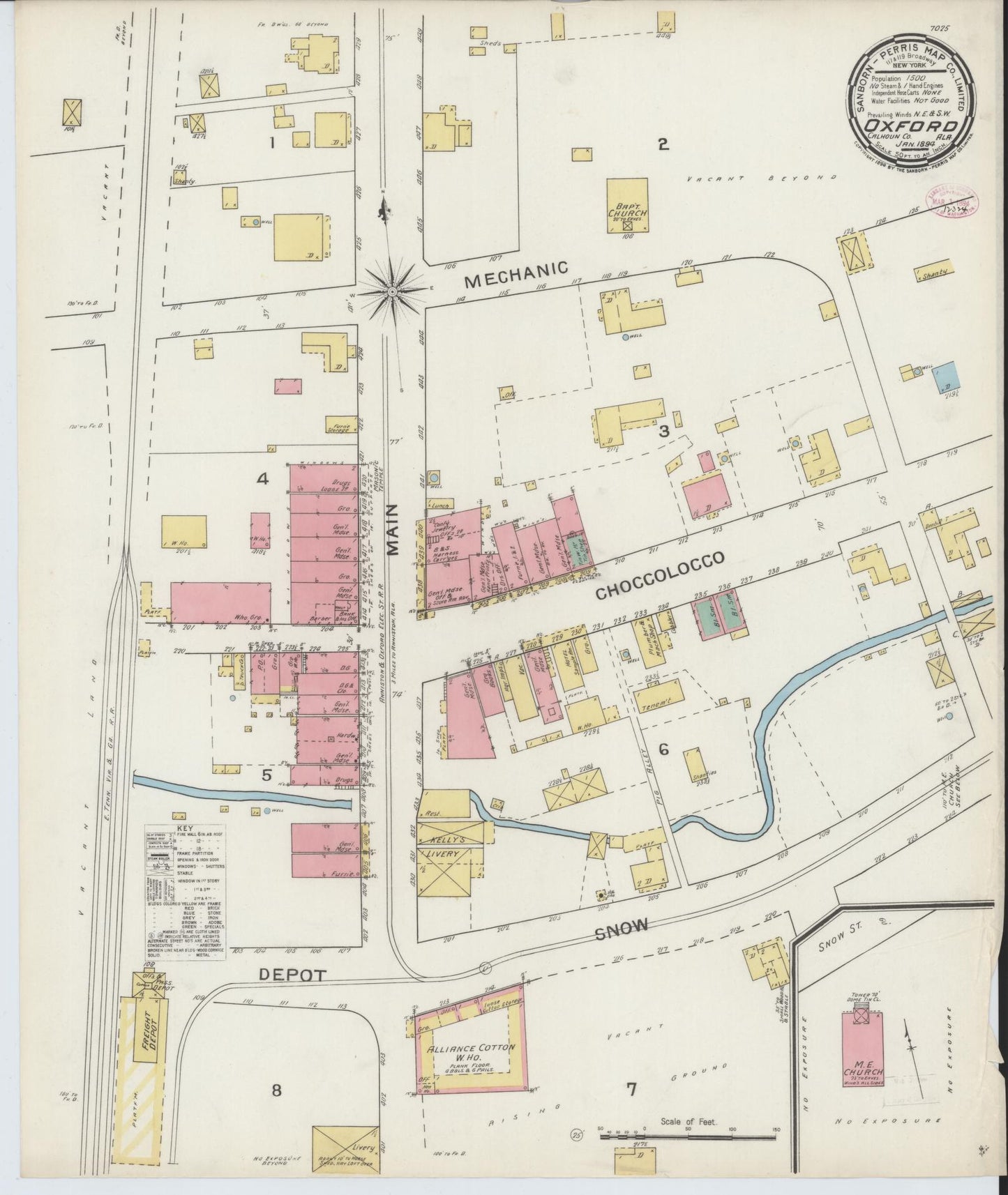 Sanborn Fire Insurance Map from Oxford, Calhoun County, Alabama (1894), Sheet #0001 - Historic Sanborn Fire Insurance Map Print, vintage old map wall art, antique decor, genealogy gift, Alabama Alabama map