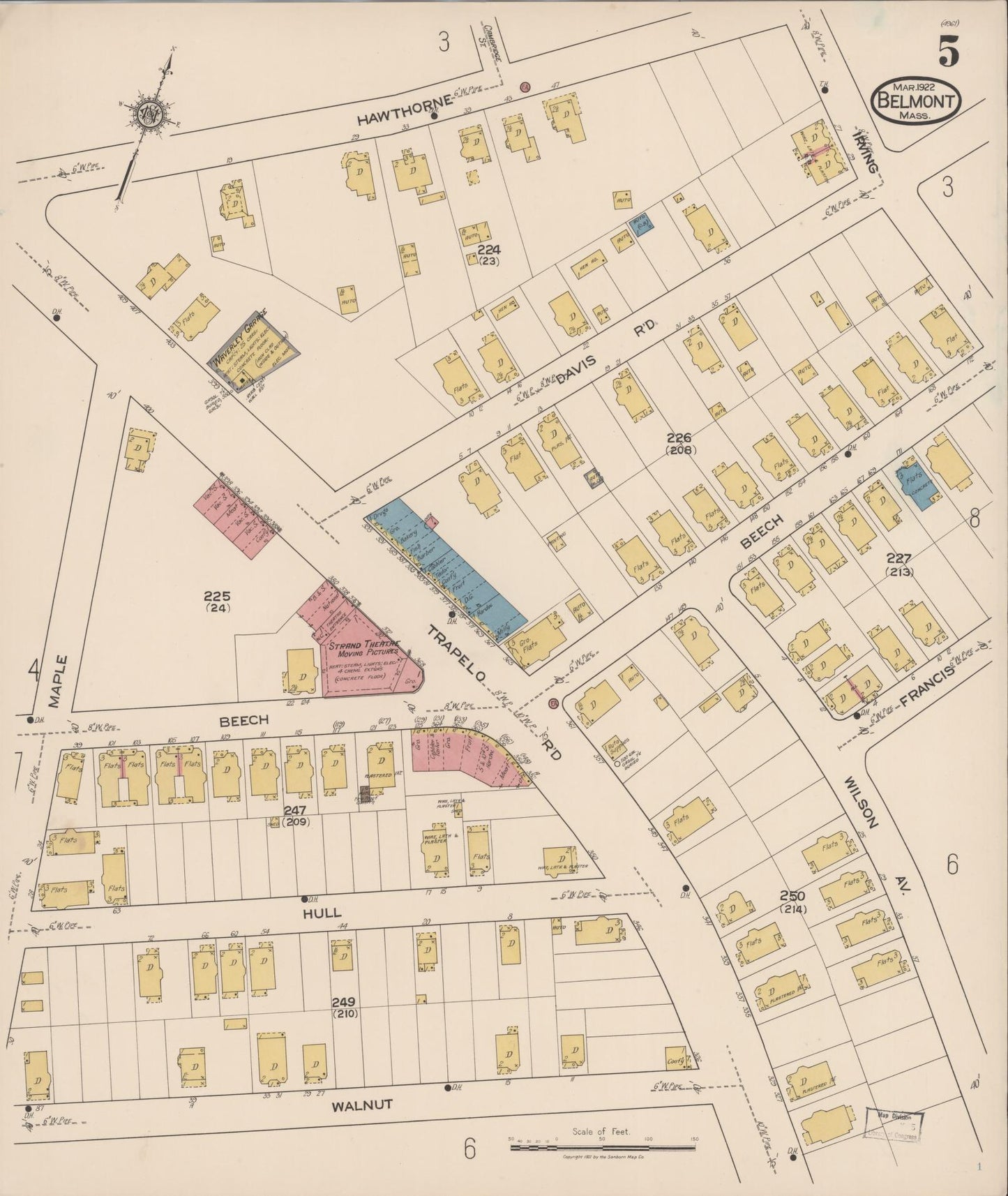 Sanborn Fire Insurance Map from Belmont, Middlesex County, Massachusetts (1922), Sheet #0005 - Historic Sanborn Fire Insurance Map Print, vintage old map wall art, antique decor, genealogy gift, Massachusetts Massachusetts map