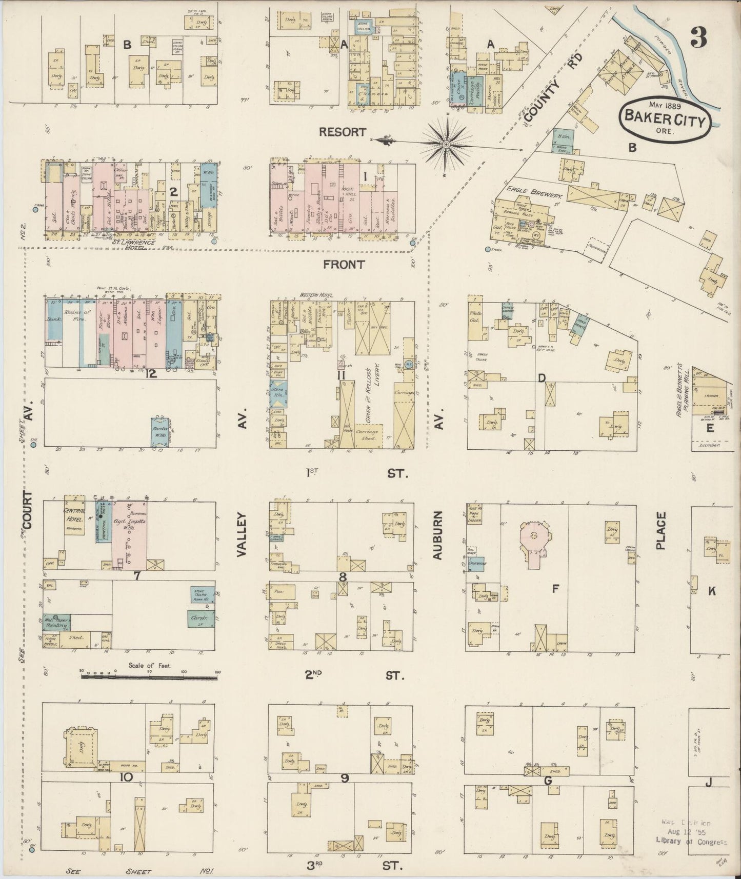 Sanborn Fire Insurance Map from Baker, Baker County, Oregon (1889), Sheet #0003 - Complete Map Set gallery image, historic Sanborn map, vintage wall art, Oregon Oregon