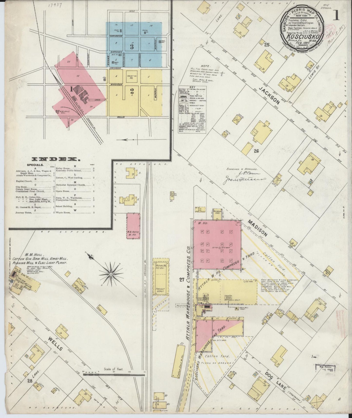 Sanborn Fire Insurance Map from Kosciusko, Attala County, Mississippi (1897), Sheet #0001 - Historic Sanborn Fire Insurance Map Print, vintage old map wall art, antique decor, genealogy gift, Mississippi Mississippi map