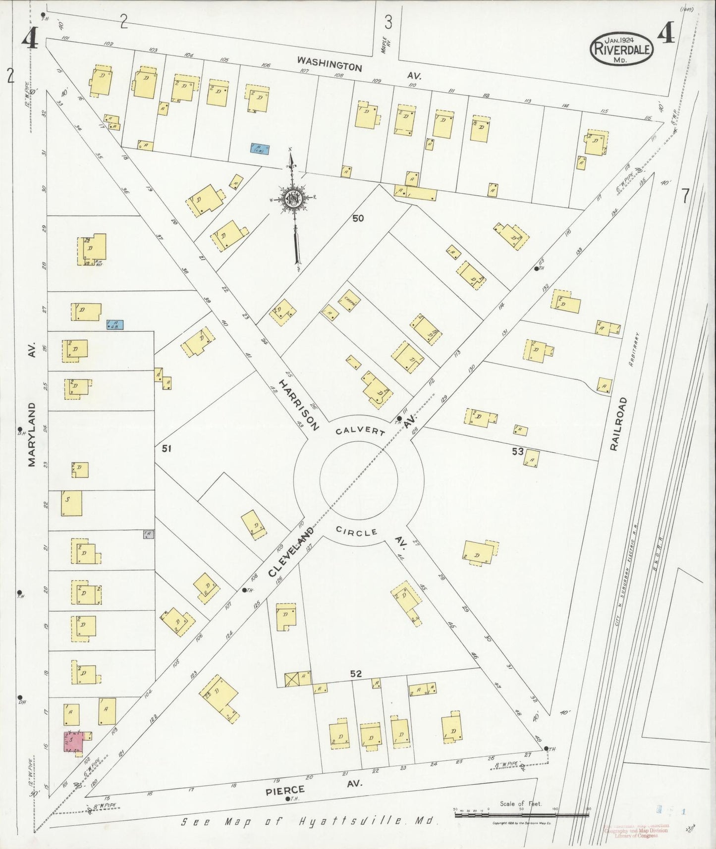 Sanborn Fire Insurance Map from Riverdale, Prince Georges County, Maryland (1924), Sheet #0004 - Historic Sanborn Fire Insurance Map Print, vintage old map wall art