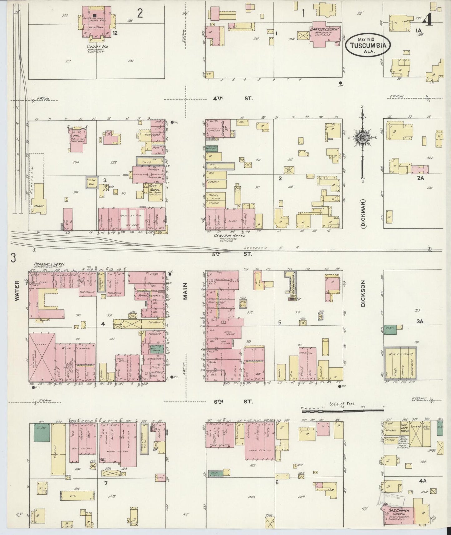 Sanborn Fire Insurance Map from Tuscumbia, Colbert County, Alabama (1910), Sheet #0004 - Complete Map Set gallery image, historic Sanborn map, vintage wall art, Alabama Alabama