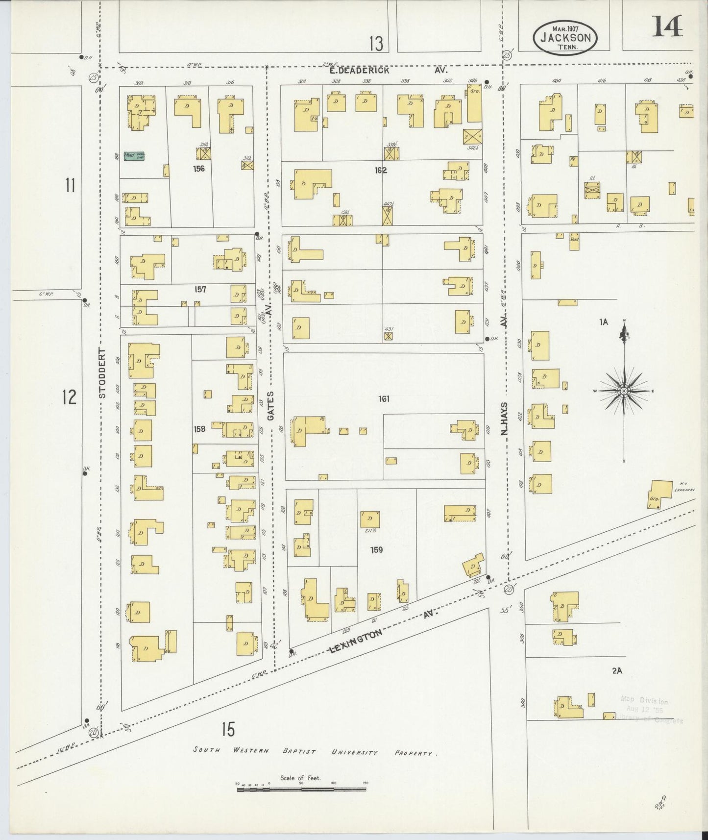 Sanborn Fire Insurance Map from Jackson, Madison County, Tennessee (1907), Sheet #0014 - Historic Sanborn Fire Insurance Map Print, vintage old map wall art, antique decor, genealogy gift, Tennessee Tennessee map