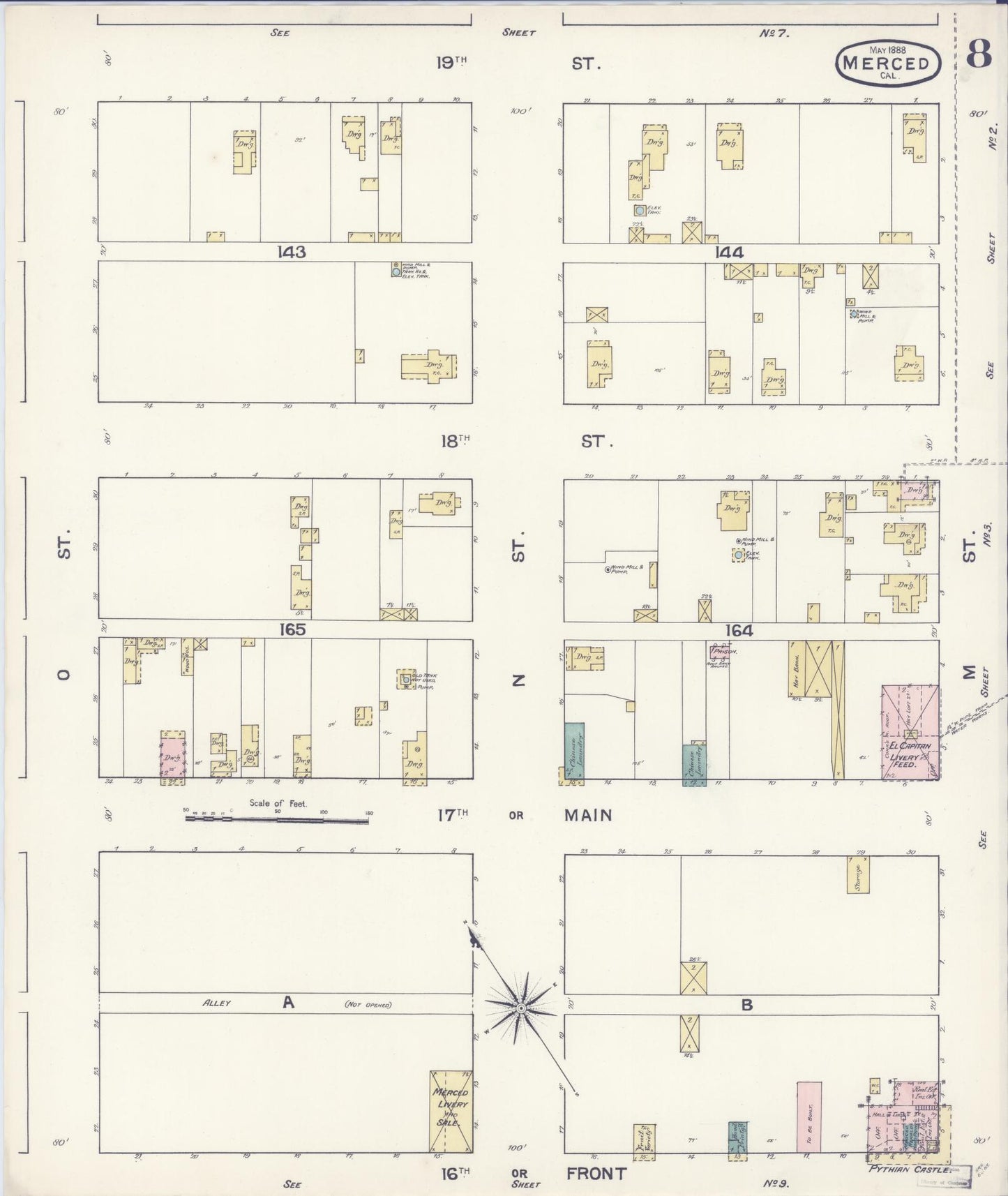 Sanborn Fire Insurance Map from Merced, Merced County, California (1888), Sheet #0008 - Historic Sanborn Fire Insurance Map Print, vintage old map wall art, antique decor, genealogy gift, California California map