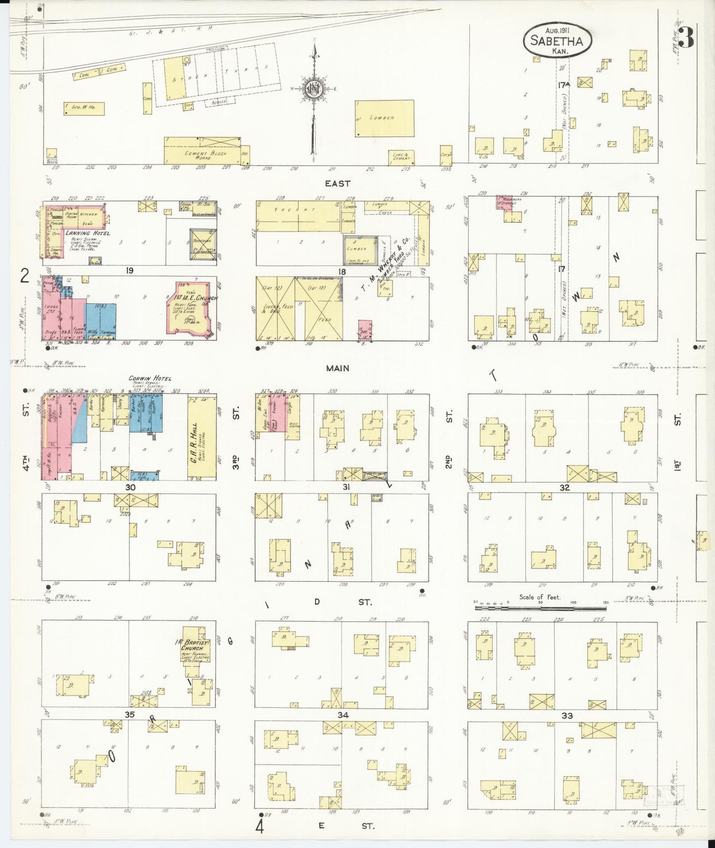 Sanborn Fire Insurance Map from Sabetha, Nemaha County, Kansas (1911), Sheet #0003 - Historic Sanborn Fire Insurance Map Print, vintage old map wall art, antique decor, genealogy gift, Kansas Kansas map