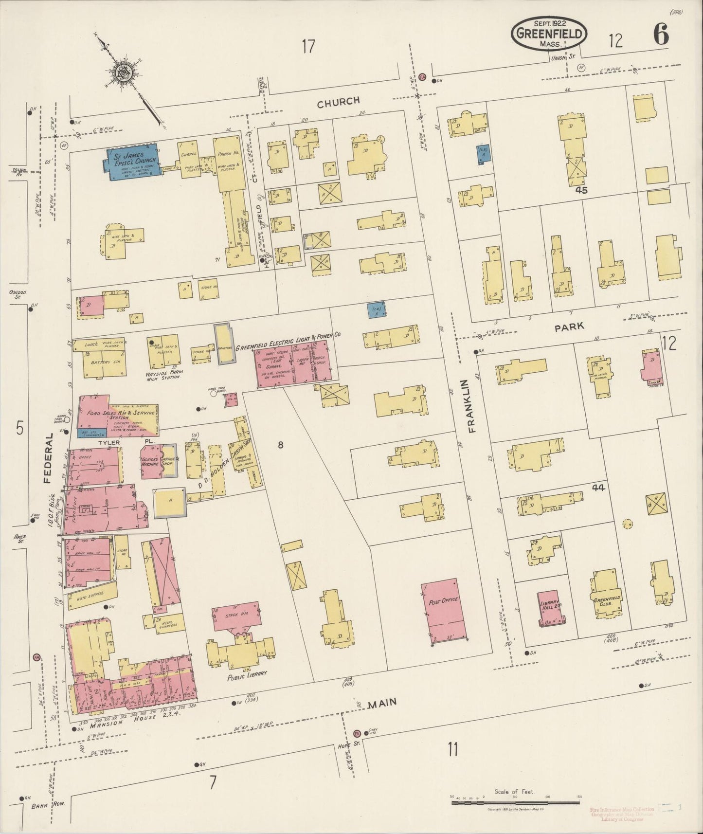 Sanborn Fire Insurance Map from Greenfield, Franklin County, Massachusetts (1922), Sheet #0006 - Historic Sanborn Fire Insurance Map Print, vintage old map wall art, antique decor, genealogy gift, Massachusetts Massachusetts map