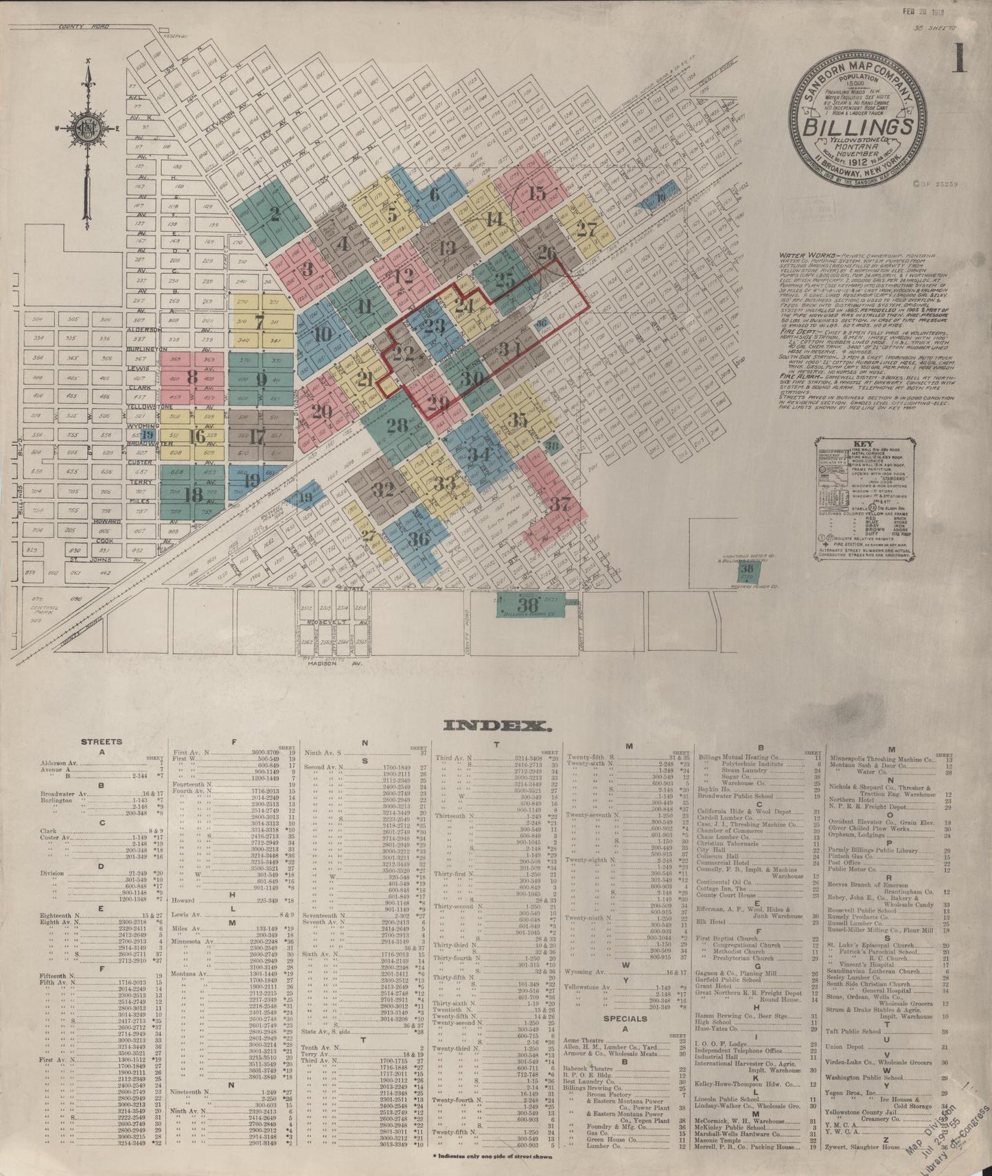 Sanborn Fire Insurance Map from Billings, Yellowstone County, Montana (1912), Sheet #0001 - Historic Sanborn Fire Insurance Map Print, vintage old map wall art, antique decor, genealogy gift, Montana Montana map