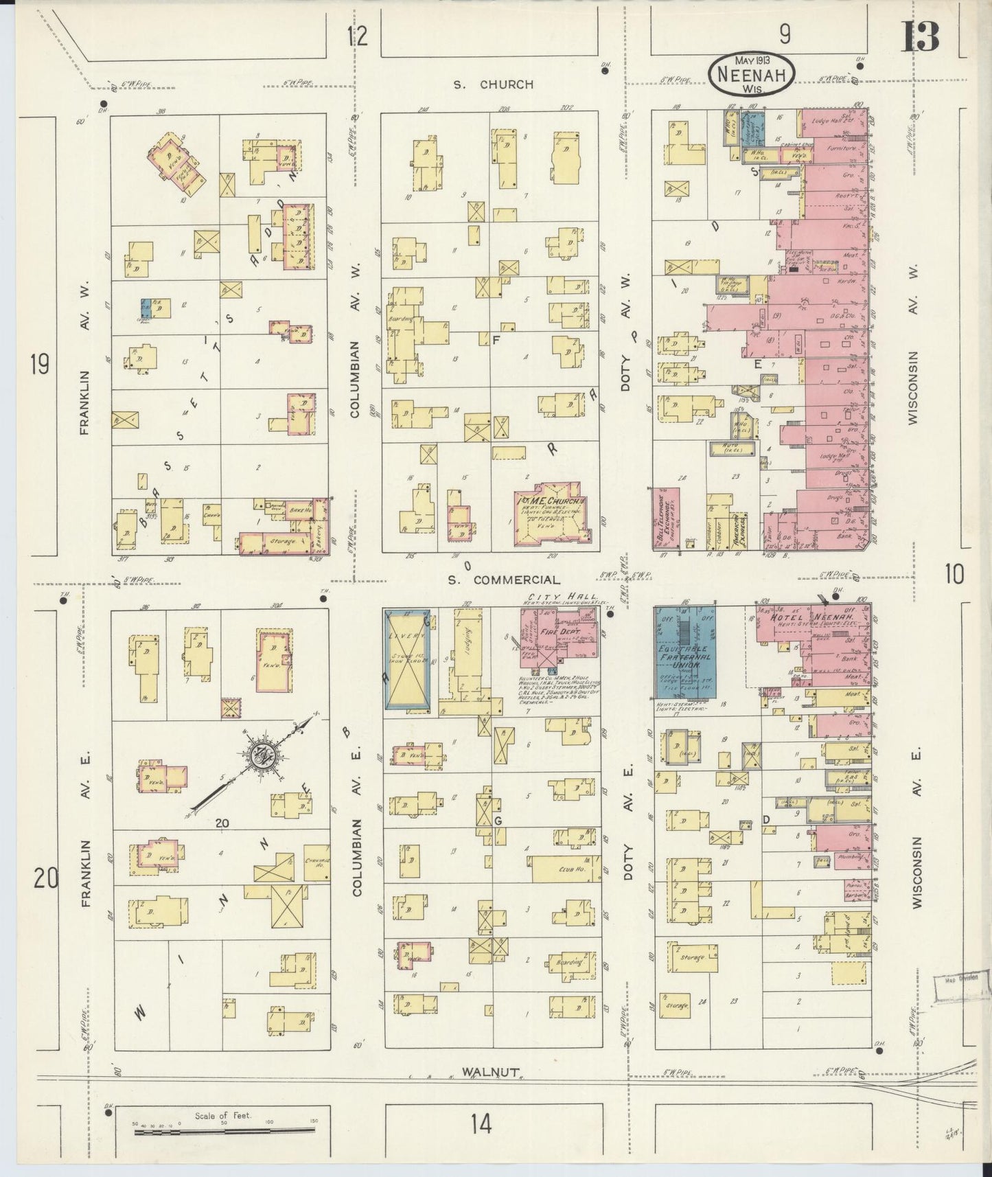 Sanborn Fire Insurance Map from Neenah, Winnebago County, Wisconsin (1913), Sheet #0013 - Historic Sanborn Fire Insurance Map Print, vintage old map wall art, antique decor, genealogy gift, Wisconsin Wisconsin map