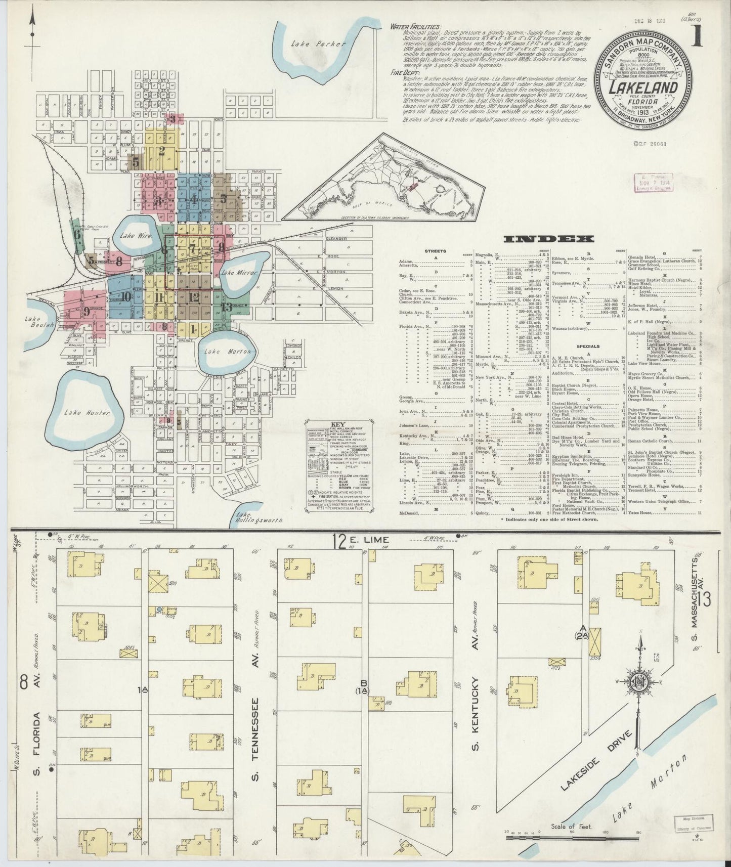 Sanborn Fire Insurance Map from Lakeland, Polk County, Florida (1913), Sheet #0001 - Historic Sanborn Fire Insurance Map Print, vintage old map wall art, antique decor, genealogy gift, Florida Florida map