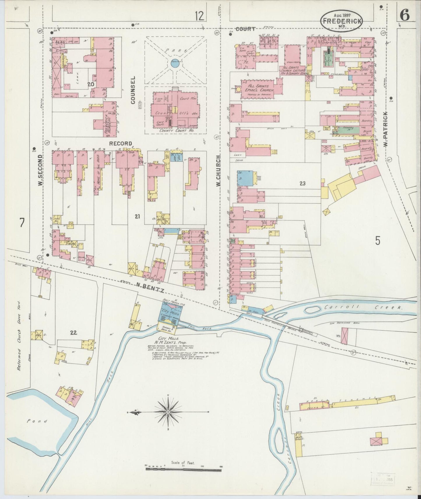 Frederick, Maryland - 1897 - Sanborn Fire Insurance Map, Sheet #0006 - Historic Sanborn Fire Insurance Map Print, Frederick Maryland 1897 0006 vintage old map wall art