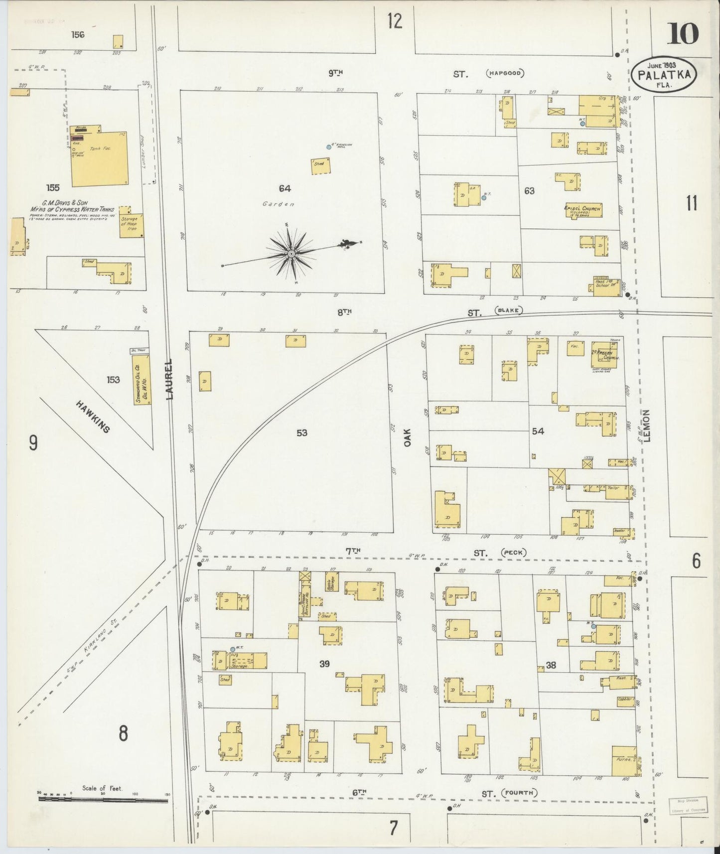 Sanborn Fire Insurance Map from Palatka, Putnam County, Florida (1903), Sheet #0010 - Historic Sanborn Fire Insurance Map Print, vintage old map wall art, antique decor, genealogy gift, Florida Florida map