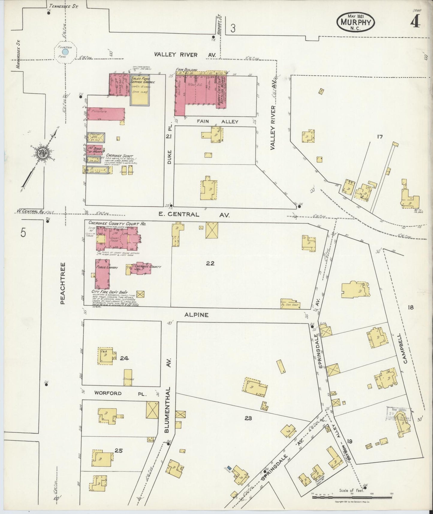Sanborn Fire Insurance Map from Murphy, Cherokee County, North Carolina (1921), Sheet #0004 - Historic Sanborn Fire Insurance Map Print, vintage old map wall art, antique decor, genealogy gift, North Carolina North Carolina map