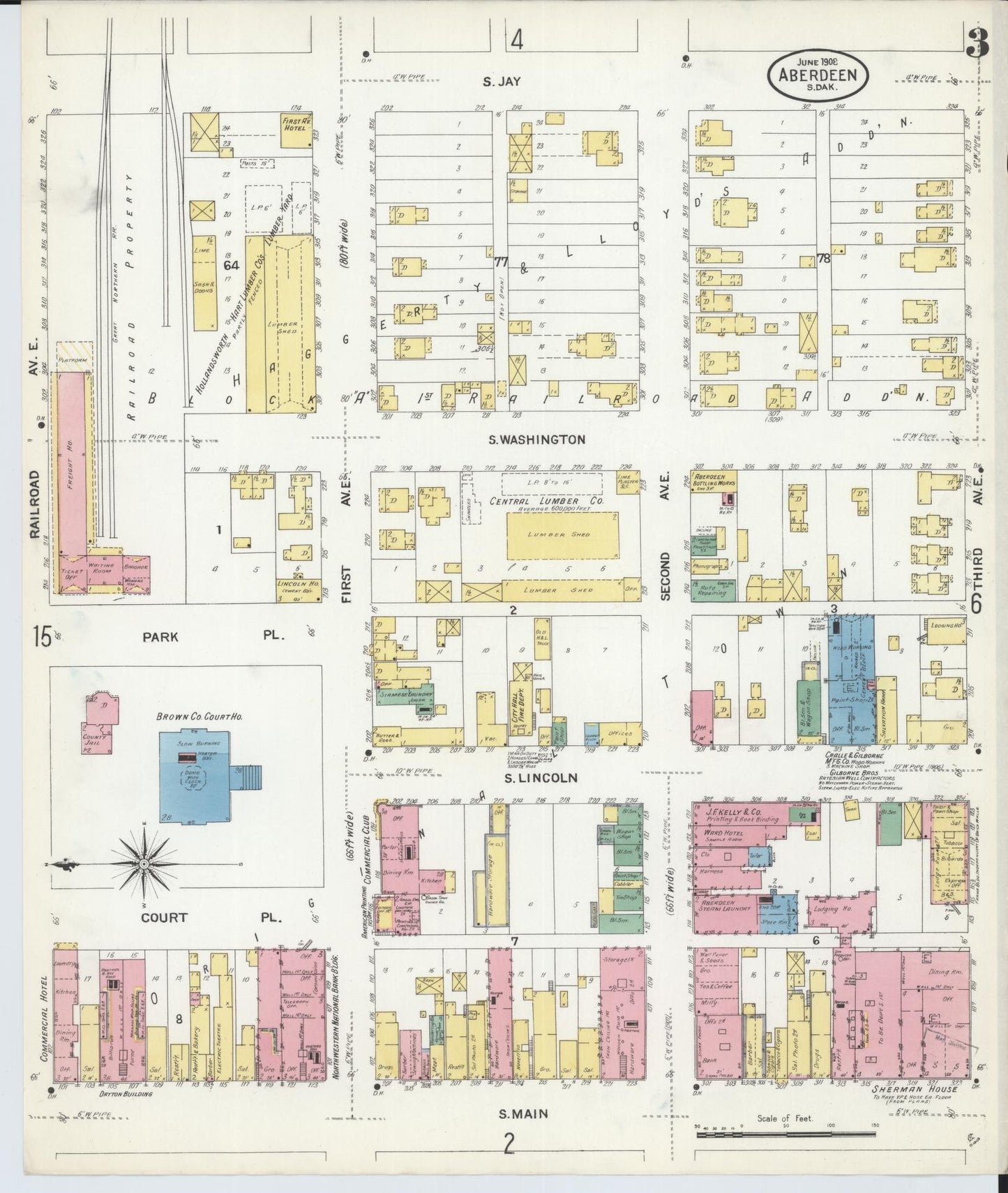 Sanborn Fire Insurance Map from Aberdeen, Brown County, South Dakota (1908), Sheet #0003 - Historic Sanborn Fire Insurance Map Print, vintage old map wall art, antique decor, genealogy gift, South Dakota South Dakota map