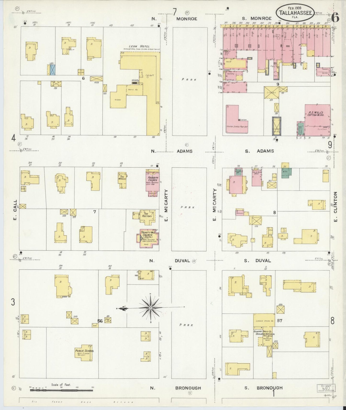 Sanborn Fire Insurance Map from Tallahassee, Leon County, Florida (1909), Sheet #0006 - Historic Sanborn Fire Insurance Map Print, vintage old map wall art, antique decor, genealogy gift, Florida Florida map