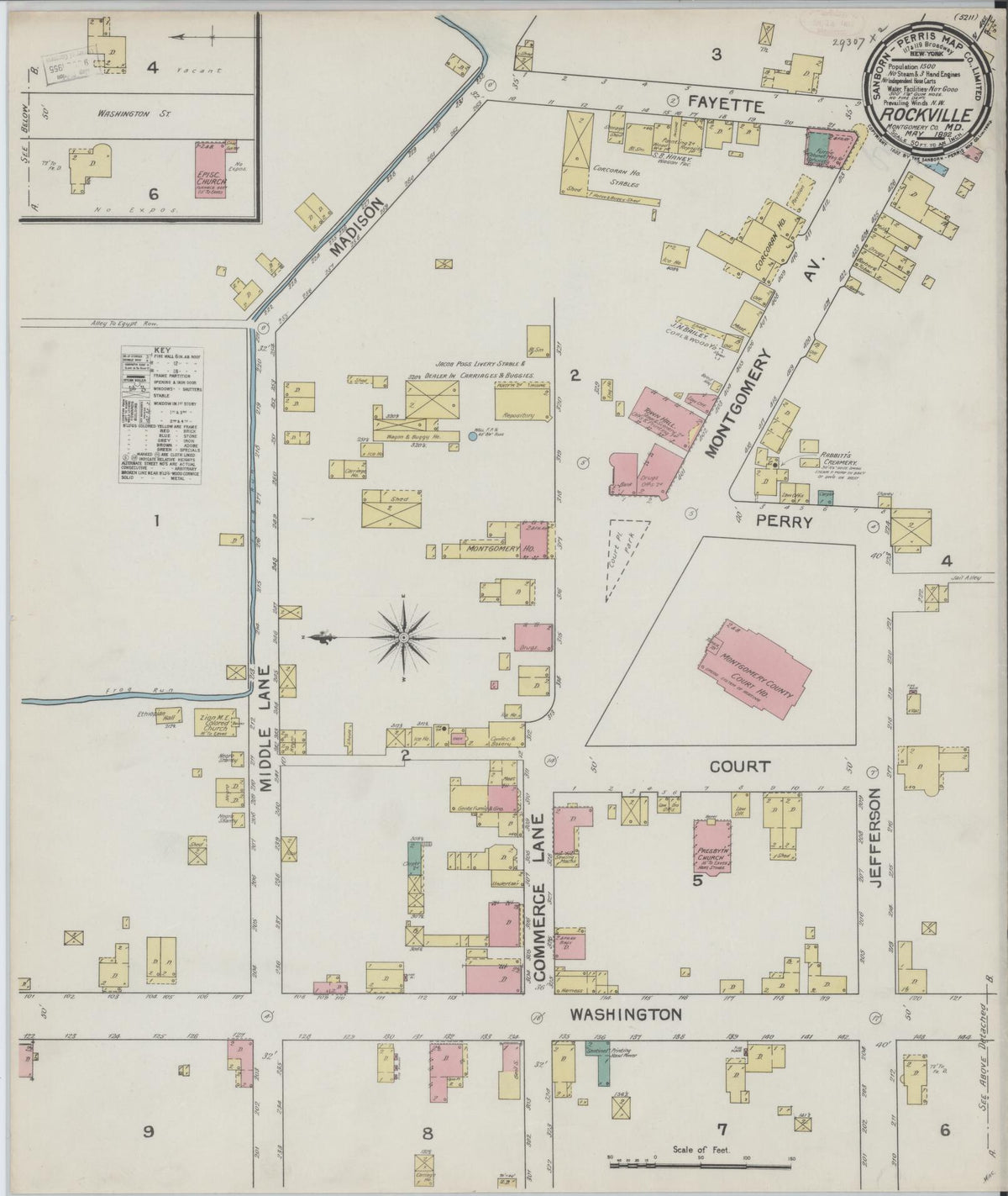 Sanborn Fire Insurance Map from Rockville, Montgomery County, Maryland (1892), Sheet #0001 - Historic Sanborn Fire Insurance Map Print, vintage old map wall art, antique decor, genealogy gift, Maryland Maryland map