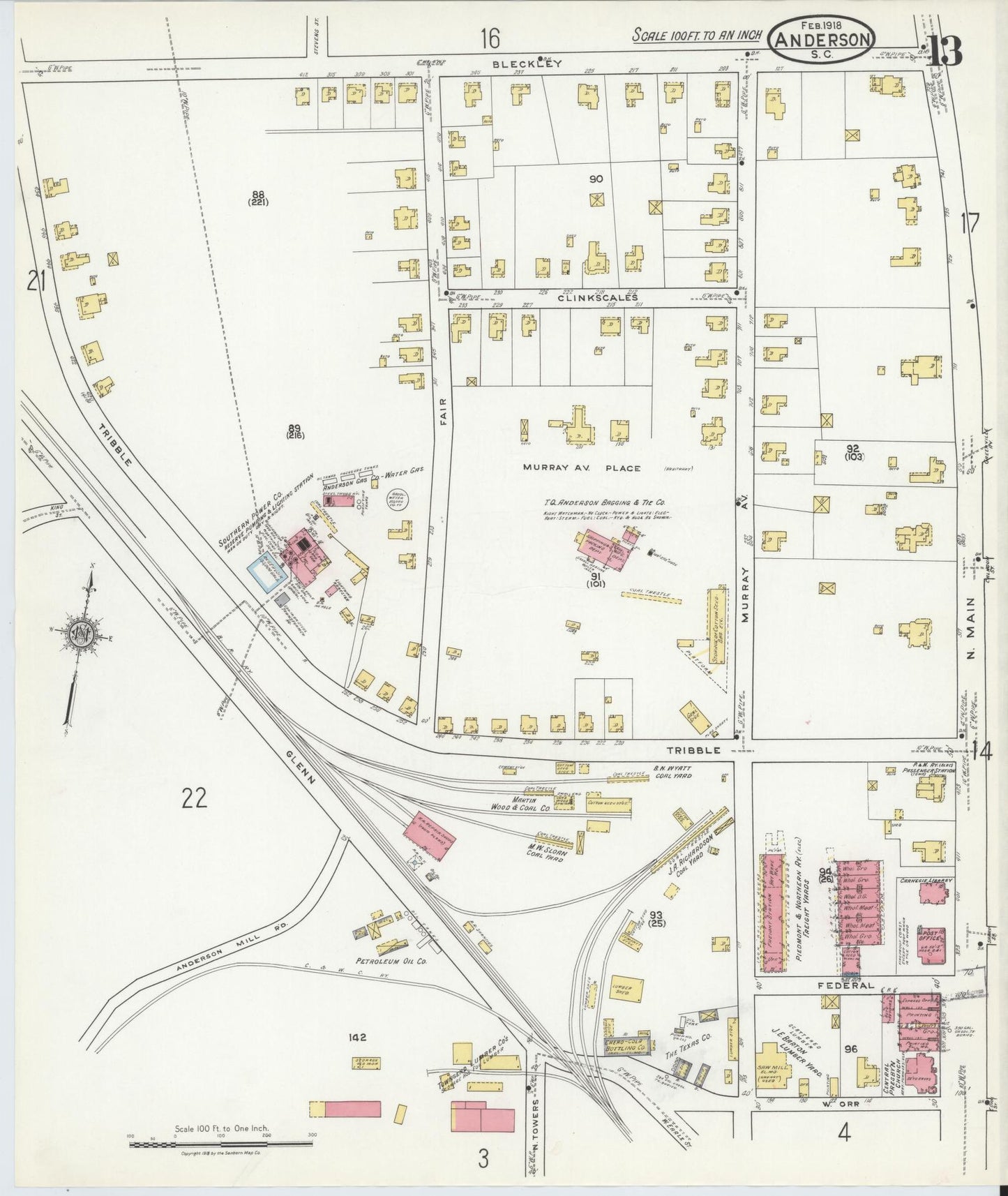 Sanborn Fire Insurance Map from Anderson, Anderson County, South Carolina (1918), Sheet #0013 - Historic Sanborn Fire Insurance Map Print, vintage old map wall art, antique decor, genealogy gift, South Carolina South Carolina map
