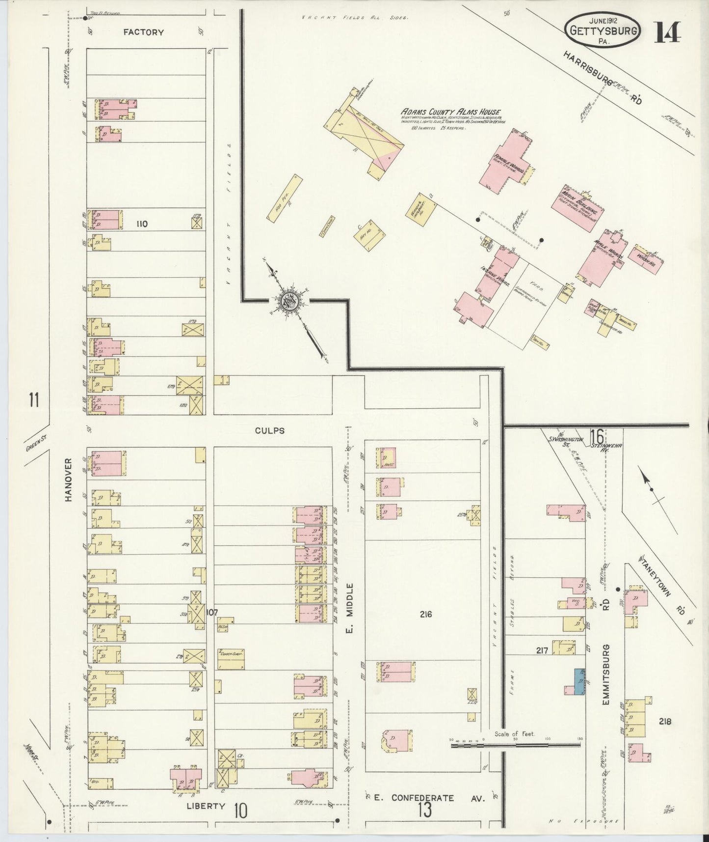 Sanborn Fire Insurance Map from Gettysburg, Adams County, Pennsylvania (1912), Sheet #0014 - Historic Sanborn Fire Insurance Map Print, vintage old map wall art, antique decor, genealogy gift, Pennsylvania Pennsylvania map