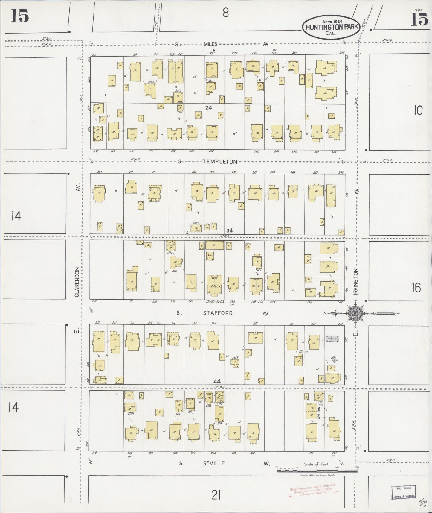 Sanborn Fire Insurance Map from Huntington Park, Los Angeles County, California (1924), Sheet #0015 - Historic Sanborn Fire Insurance Map Print, vintage old map wall art, antique decor, genealogy gift, California California map