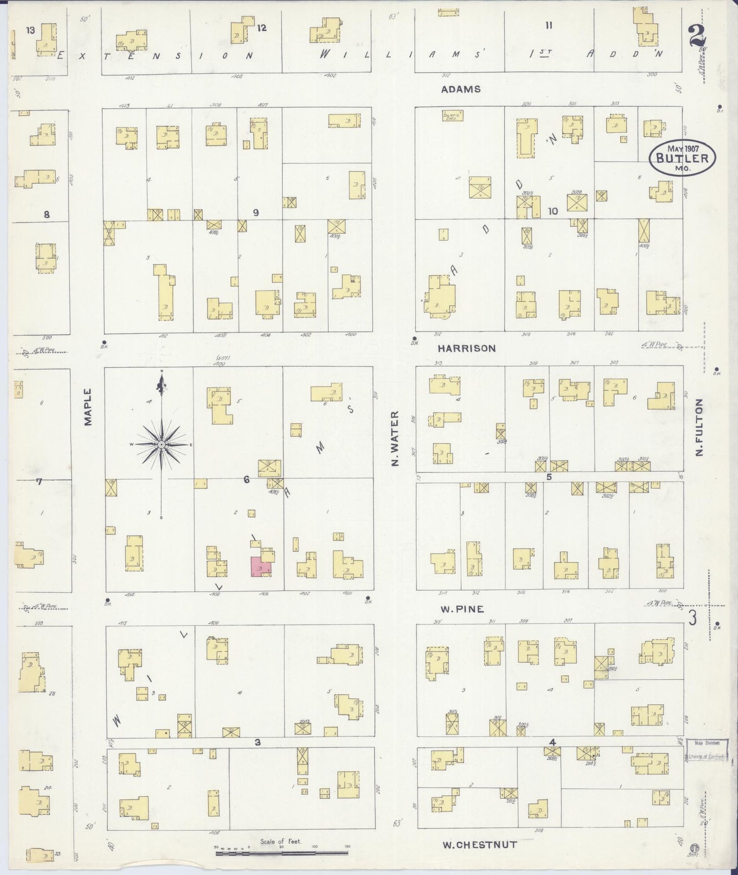 Sanborn Fire Insurance Map from Butler, Bates County, Missouri (1907), Sheet #0002 - Historic Sanborn Fire Insurance Map Print, vintage old map wall art, antique decor, genealogy gift, Missouri Missouri map