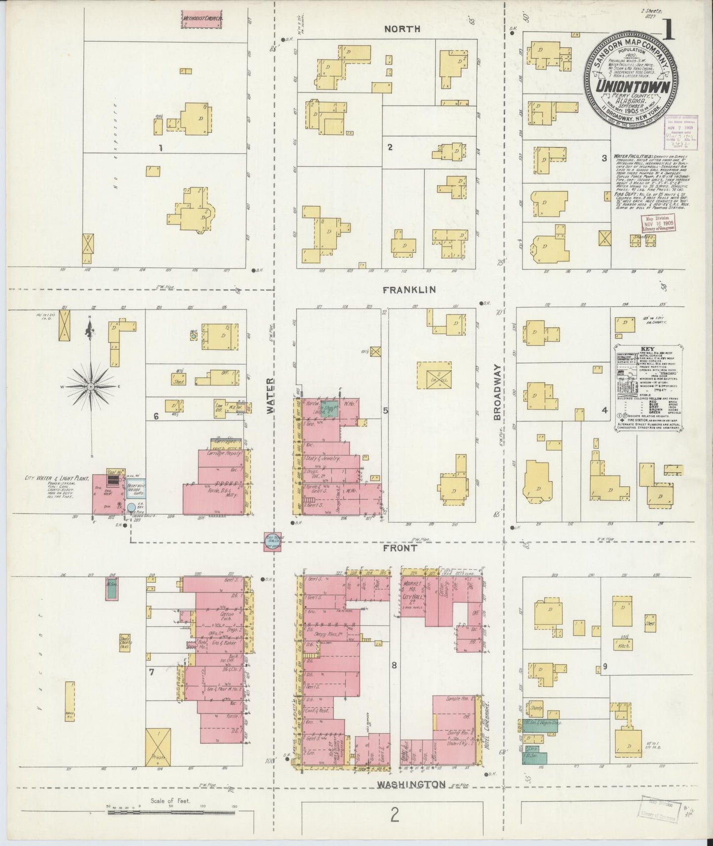 Sanborn Fire Insurance Map from Uniontown, Perry County, Alabama (1905), Sheet #0001 - Historic Sanborn Fire Insurance Map Print, vintage old map wall art, antique decor, genealogy gift, Alabama Alabama map