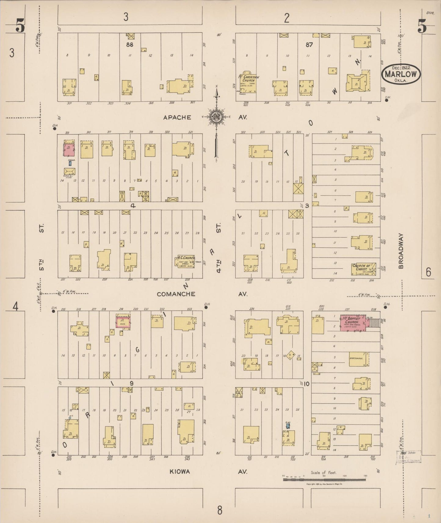 Sanborn Fire Insurance Map from Marlow, Stephens County, Oklahoma (1922), Sheet #0005 - Historic Sanborn Fire Insurance Map Print, vintage old map wall art, antique decor, genealogy gift, Oklahoma Oklahoma map