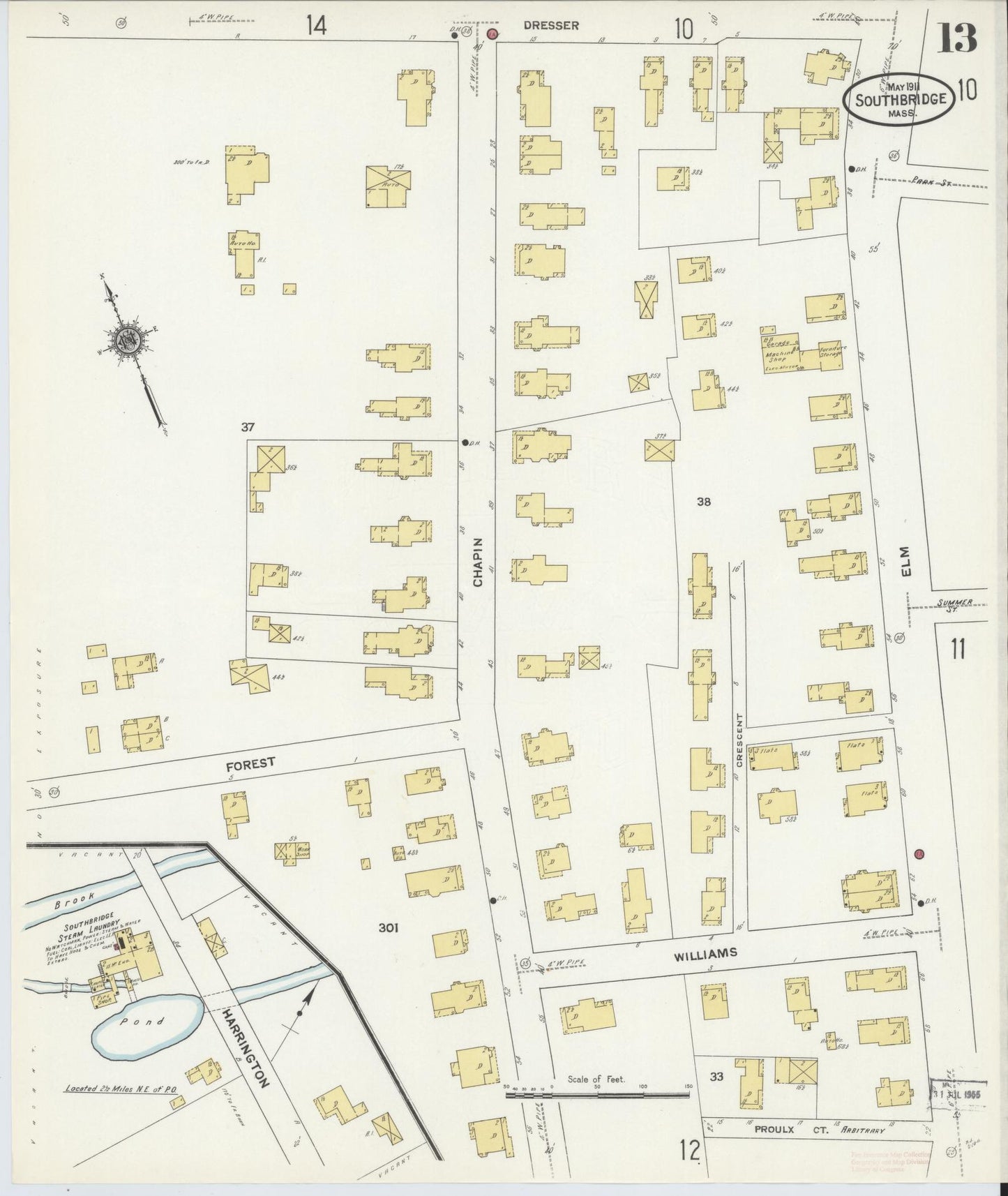 Sanborn Fire Insurance Map from Southbridge, Worcester County, Massachusetts (1911), Sheet #0013 - Historic Sanborn Fire Insurance Map Print, vintage old map wall art, antique decor, genealogy gift, Massachusetts Massachusetts map