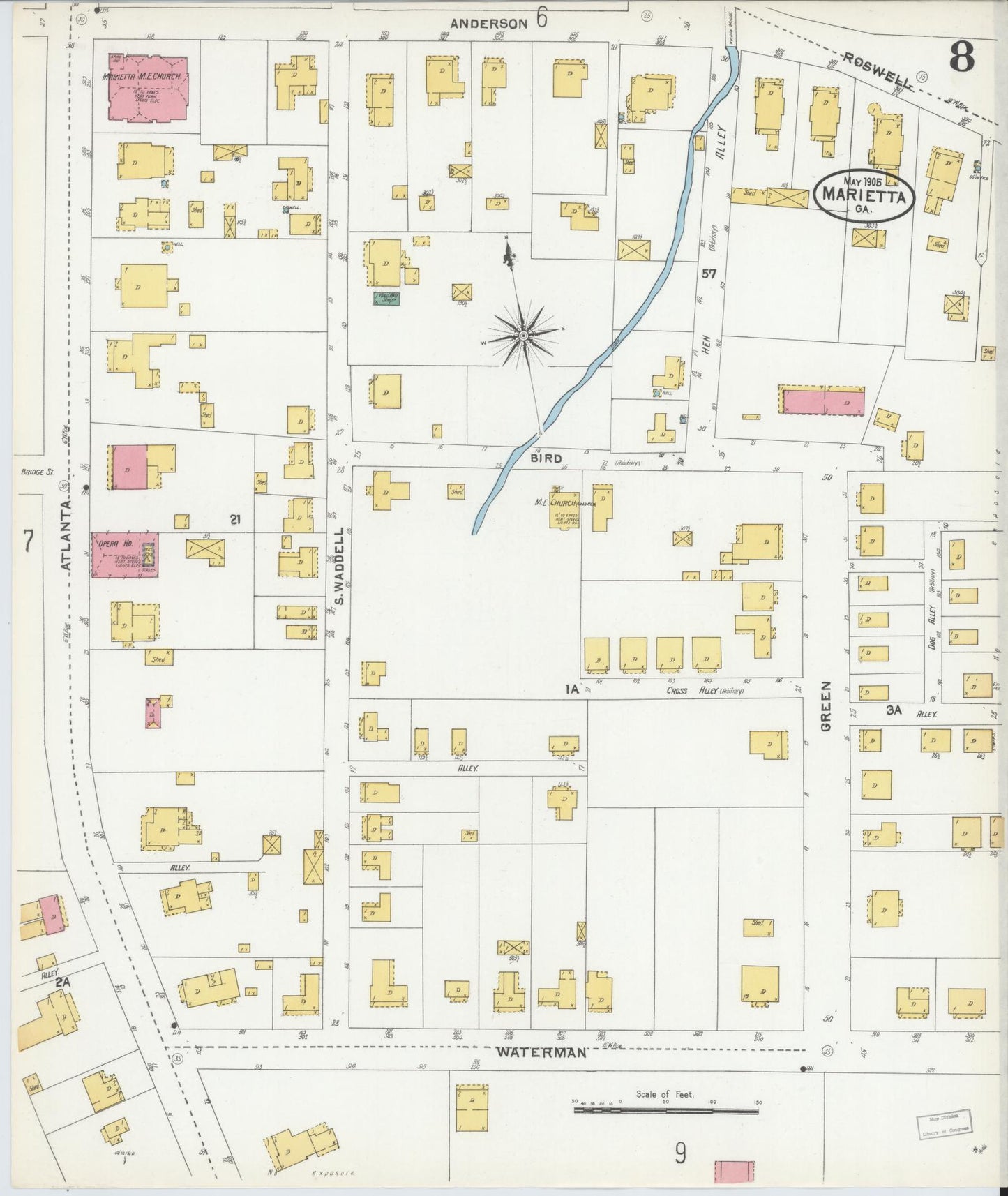 Sanborn Fire Insurance Map from Marietta, Cobb County, Georgia (1905), Sheet #0008 - Historic Sanborn Fire Insurance Map Print, vintage old map wall art, antique decor, genealogy gift, Georgia Georgia map