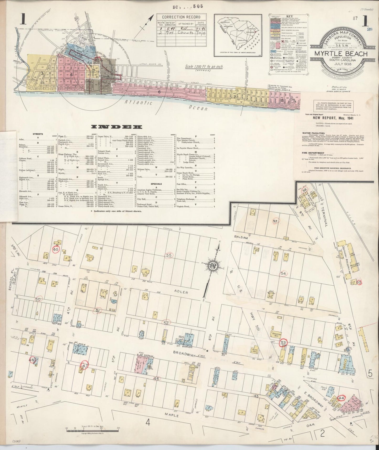 Sanborn Fire Insurance Map from Myrtle Beach, Horry County, South Carolina (1949), Sheet #0001 - Historic Sanborn Fire Insurance Map Print, vintage old map wall art, antique decor, genealogy gift, South Carolina South Carolina map