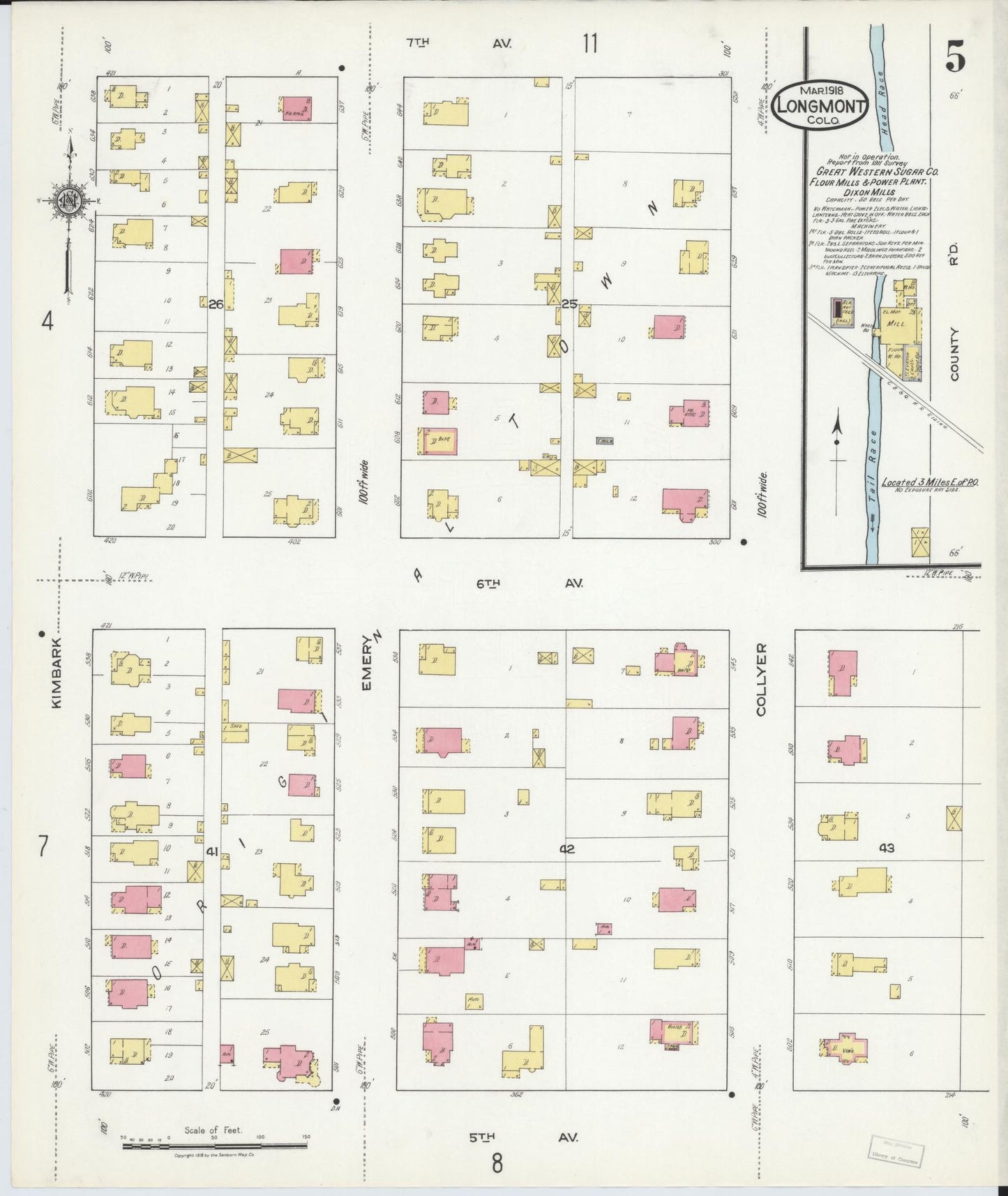 Sanborn Fire Insurance Map from Longmont, Boulder County, Colorado (1918), Sheet #0005 - Historic Sanborn Fire Insurance Map Print, vintage old map wall art, antique decor, genealogy gift, Colorado Colorado map