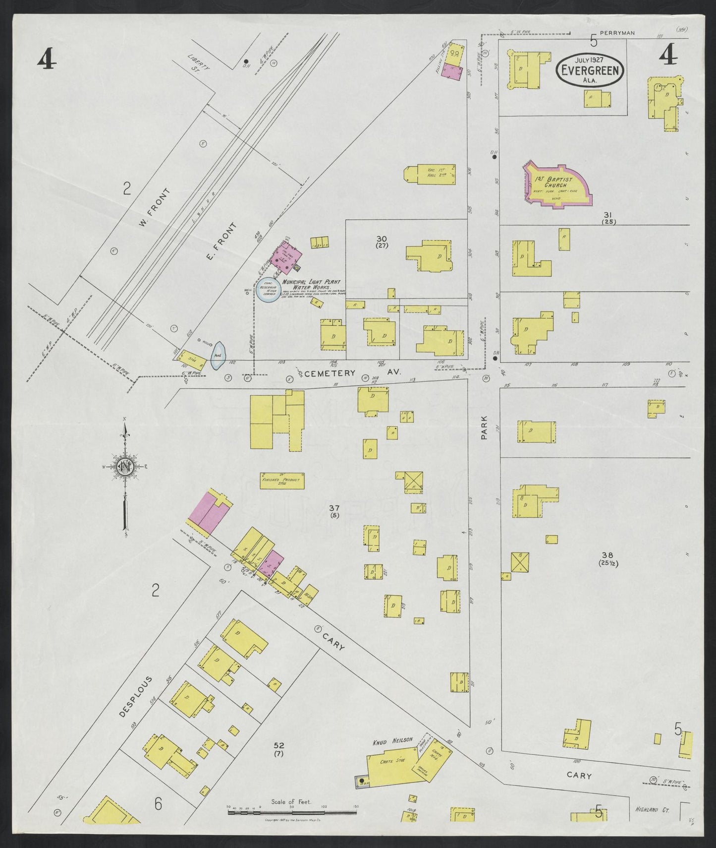 Sanborn Fire Insurance Map from Evergreen, Conecuh County, Alabama (1927), Sheet #0004 - Historic Sanborn Fire Insurance Map Print, vintage old map wall art, antique decor, genealogy gift, Alabama Alabama map