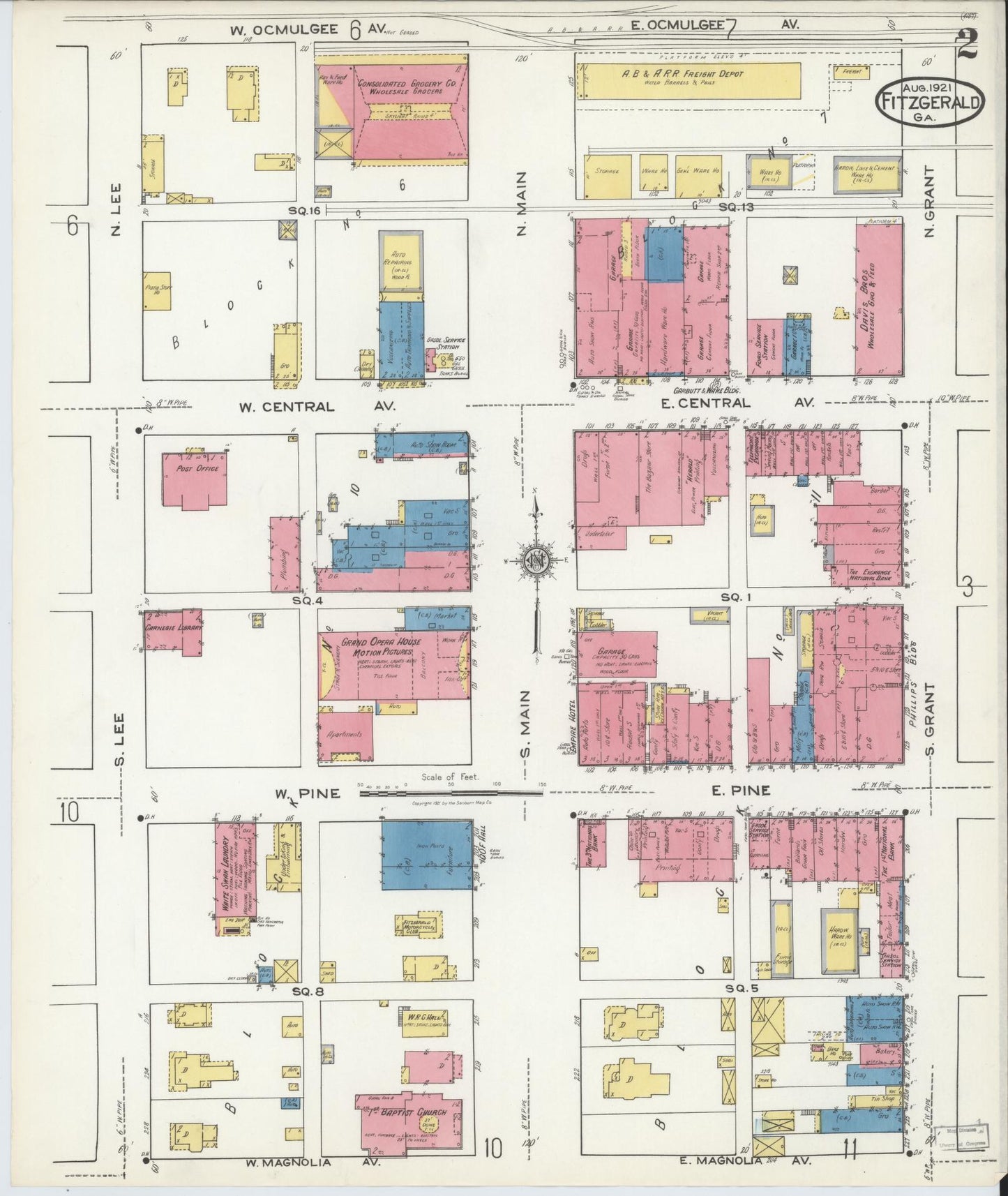 Sanborn Fire Insurance Map from Fitzgerald, Ben Hill County, Georgia (1921), Sheet #0002 - Historic Sanborn Fire Insurance Map Print, vintage old map wall art, antique decor, genealogy gift, Georgia Georgia map