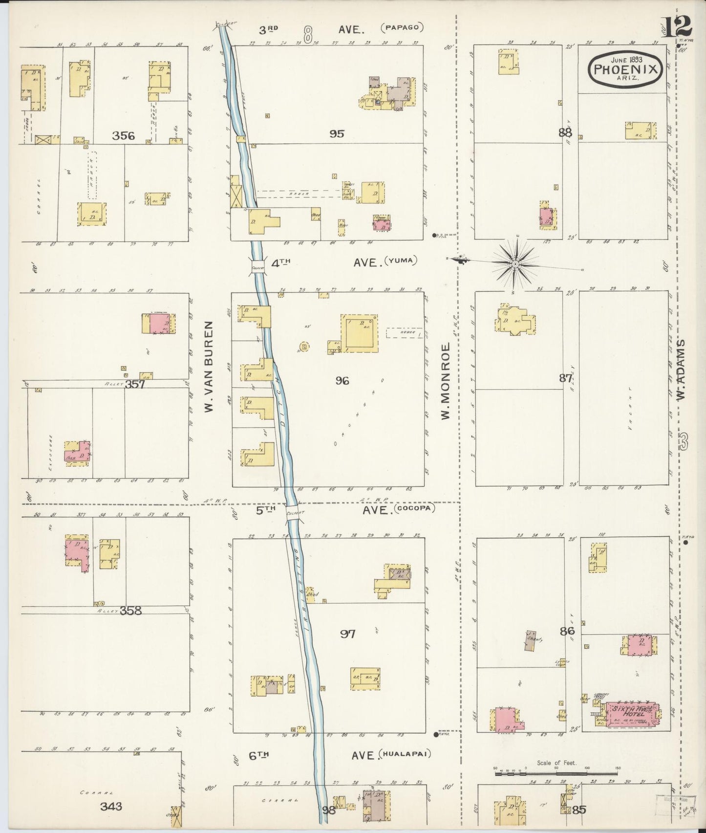 Sanborn Fire Insurance Map from Phoenix, Maricopa County, Arizona (1893), Sheet #0012 - Historic Sanborn Fire Insurance Map Print, vintage old map wall art, antique decor, genealogy gift, Arizona Arizona map