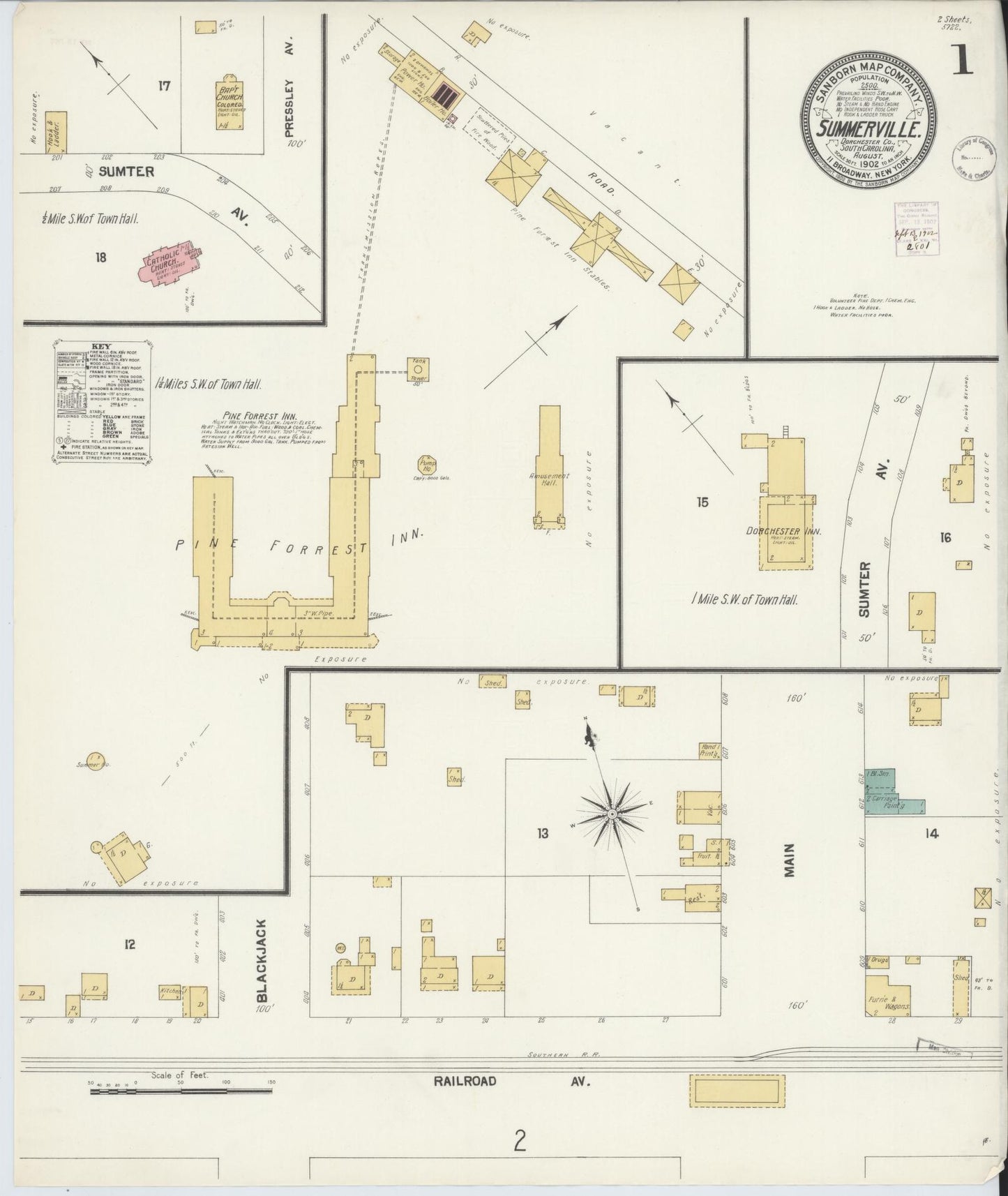 Sanborn Fire Insurance Map from Summerville, Dorchester County, South Carolina (1902), Sheet #0001 - Historic Sanborn Fire Insurance Map Print, vintage old map wall art, antique decor, genealogy gift, South Carolina South Carolina map