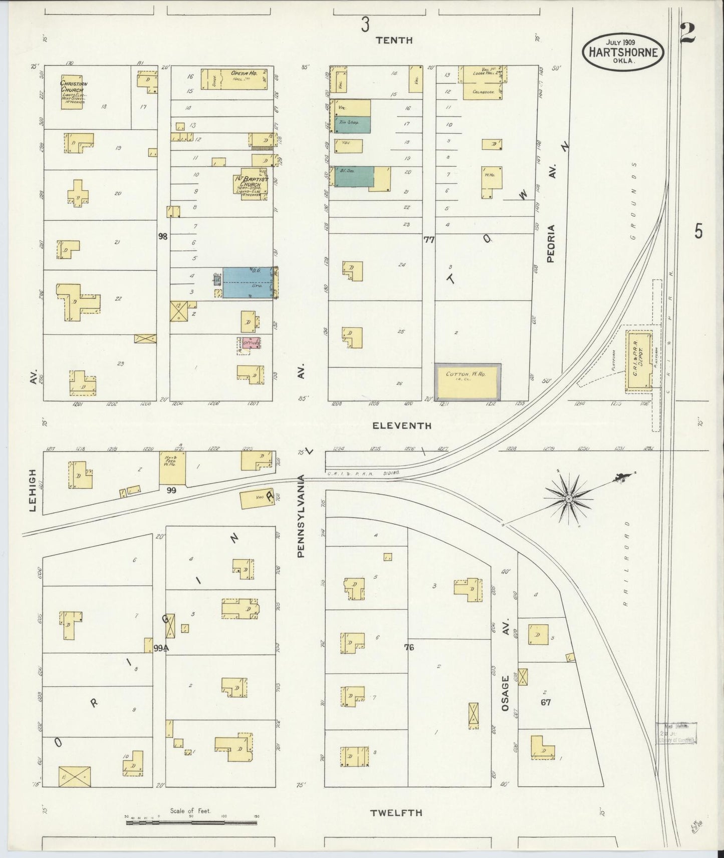 Sanborn Fire Insurance Map from Hartshorne, Pittsburg County, Oklahoma (1909), Sheet #0002 - Historic Sanborn Fire Insurance Map Print, vintage old map wall art, antique decor, genealogy gift, Oklahoma Oklahoma map