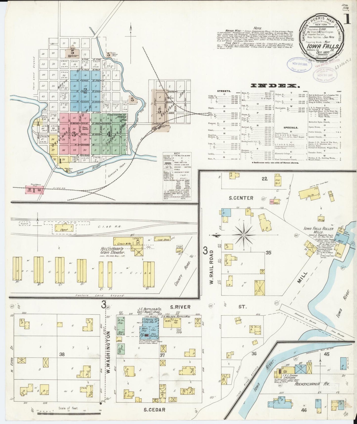 Sanborn Fire Insurance Map from Iowa Falls, Hardin County, Iowa (1897), Sheet #0001 - Historic Sanborn Fire Insurance Map Print, vintage old map wall art
