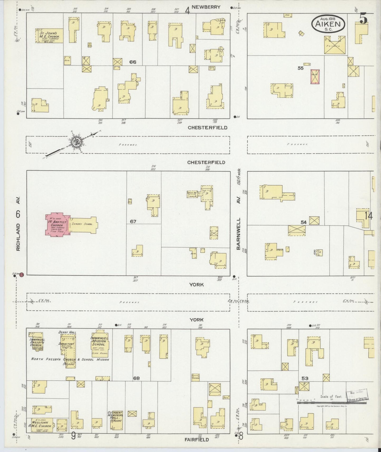 Sanborn Fire Insurance Map from Aiken, Aiken County, South Carolina (1918), Sheet #0005 - Historic Sanborn Fire Insurance Map Print, vintage old map wall art, antique decor, genealogy gift, South Carolina South Carolina map
