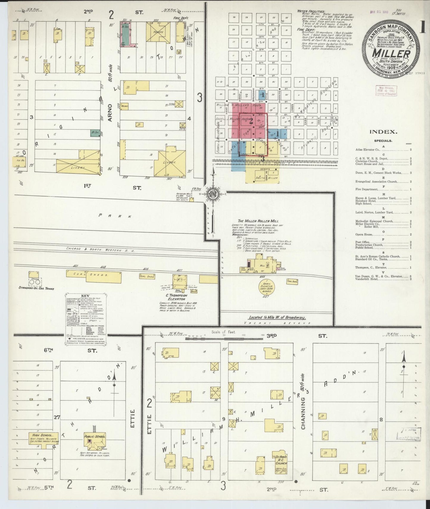 Sanborn Fire Insurance Map from Miller, Hand County, South Dakota (1909), Sheet #0001 - Historic Sanborn Fire Insurance Map Print, vintage old map wall art, antique decor, genealogy gift, South Dakota South Dakota map