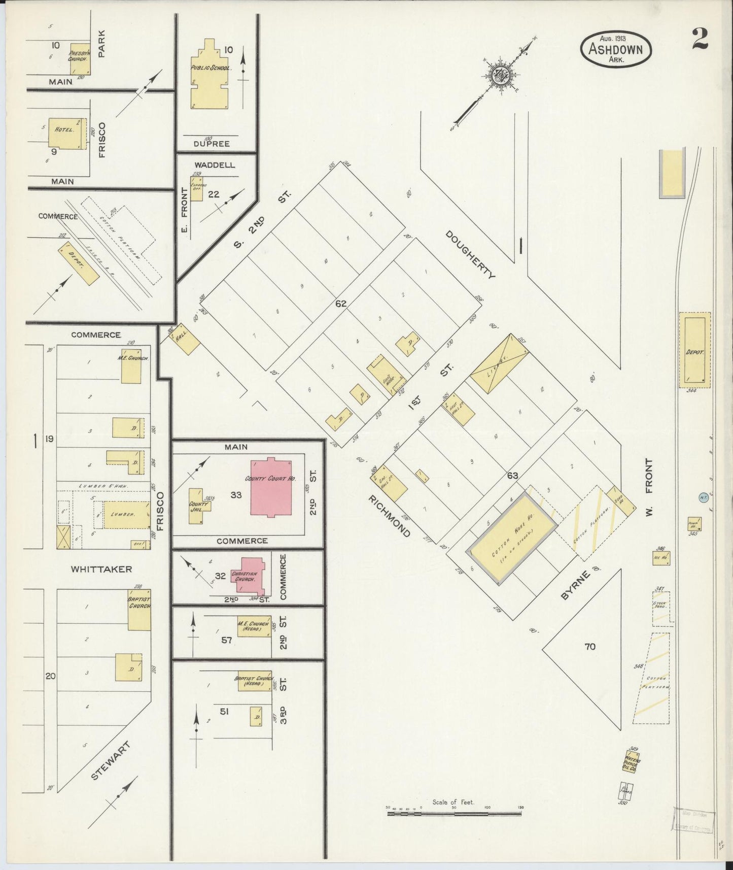 Sanborn Fire Insurance Map from Ashdown, Little River County, Arkansas (1913), Sheet #0002 - Historic Sanborn Fire Insurance Map Print, vintage old map wall art, antique decor, genealogy gift, Arkansas Arkansas map
