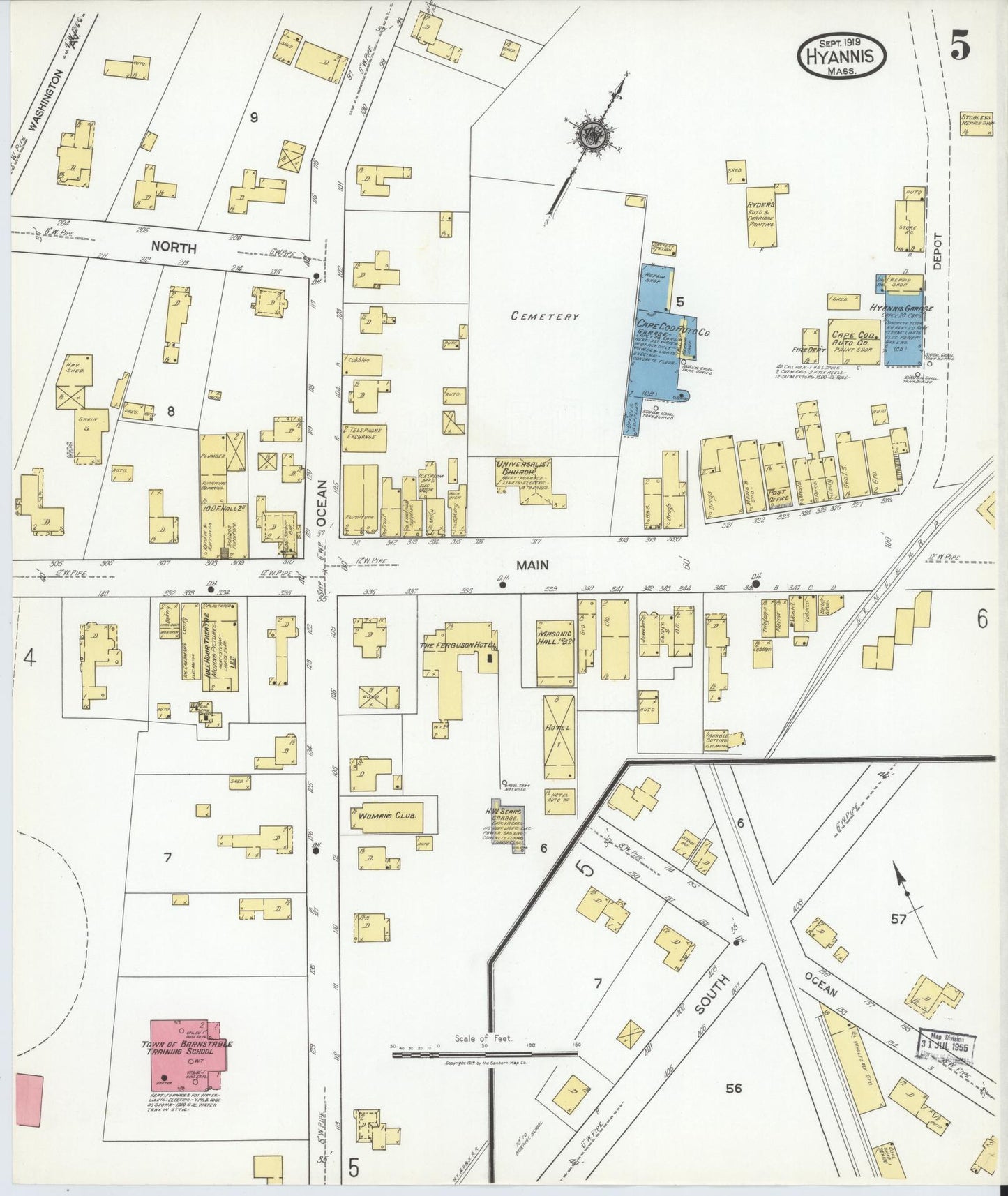 Sanborn Fire Insurance Map from Hyannis, Barnstable County, Massachusetts (1919), Sheet #0005 - Historic Sanborn Fire Insurance Map Print, vintage old map wall art, antique decor, genealogy gift, Massachusetts Massachusetts map