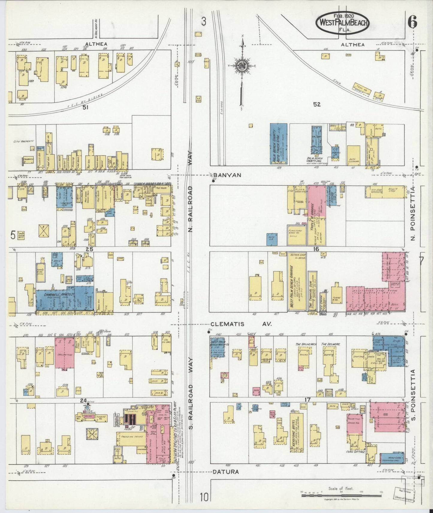 Sanborn Fire Insurance Map from West Palm Beach, Dade County, Florida (1920), Sheet #0006 - Historic Sanborn Fire Insurance Map Print, vintage old map wall art, antique decor, genealogy gift, Florida Florida map