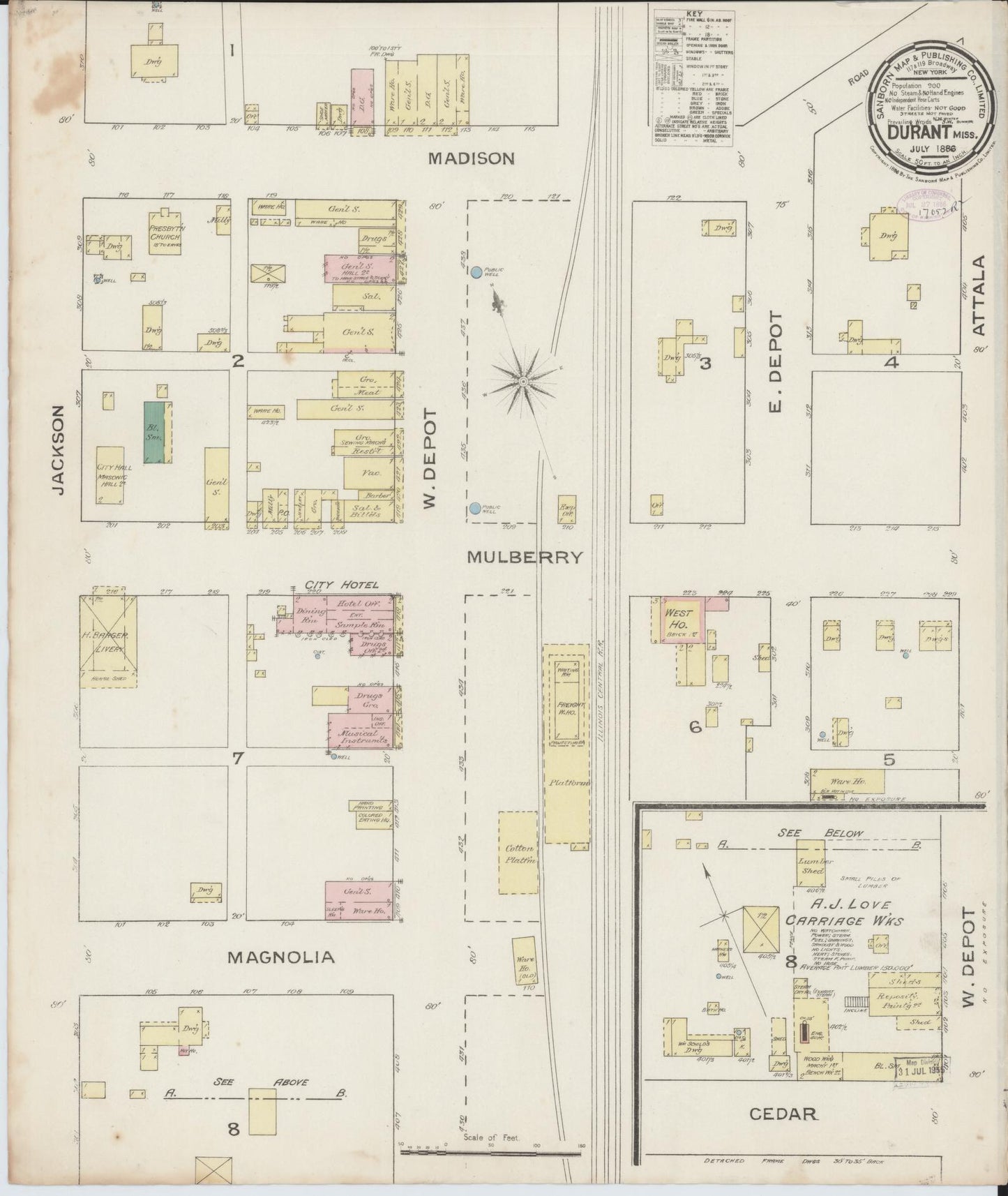 Sanborn Fire Insurance Map from Durant, Holmes County, Mississippi (1886), Sheet #0001 - Historic Sanborn Fire Insurance Map Print, vintage old map wall art, antique decor, genealogy gift, Mississippi Mississippi map
