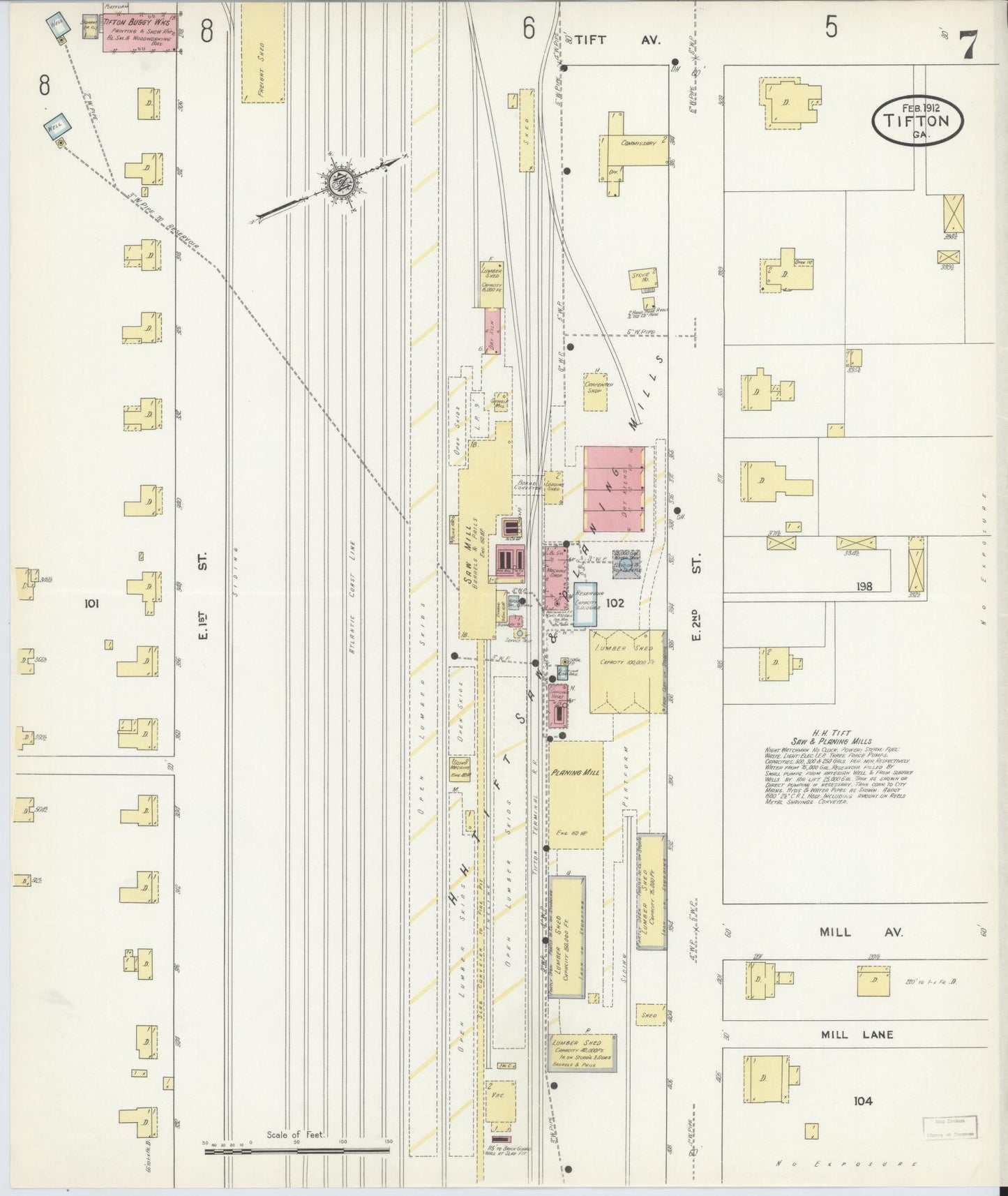 Sanborn Fire Insurance Map from Tifton, Tift County, Georgia (1912), Sheet #0007 - Historic Sanborn Fire Insurance Map Print, vintage old map wall art, antique decor, genealogy gift, Georgia Georgia map