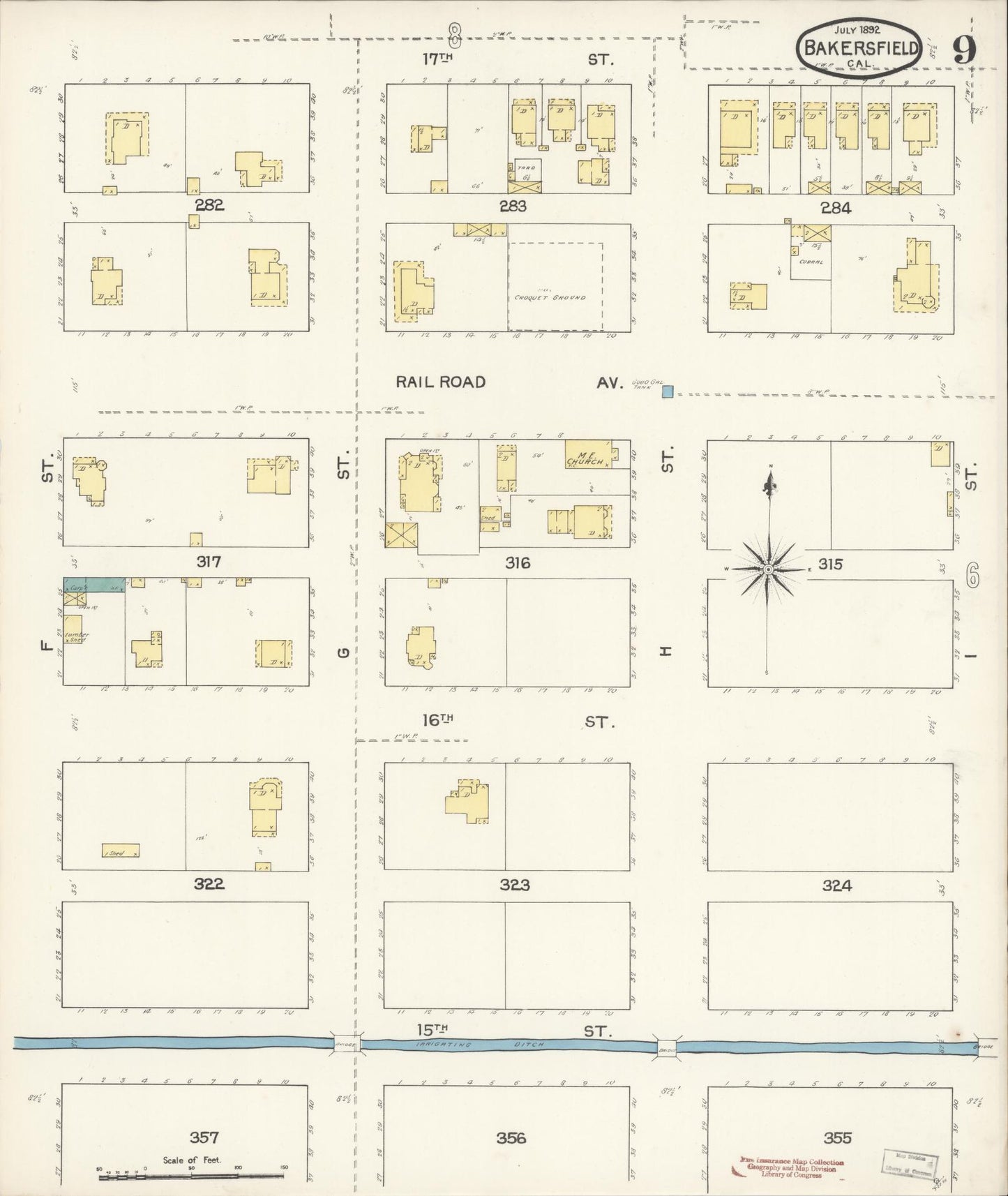 Sanborn Fire Insurance Map from Bakersfield, Kern County, California (1892), Sheet #0009 - Historic Sanborn Fire Insurance Map Print, vintage old map wall art, antique decor, genealogy gift, California California map