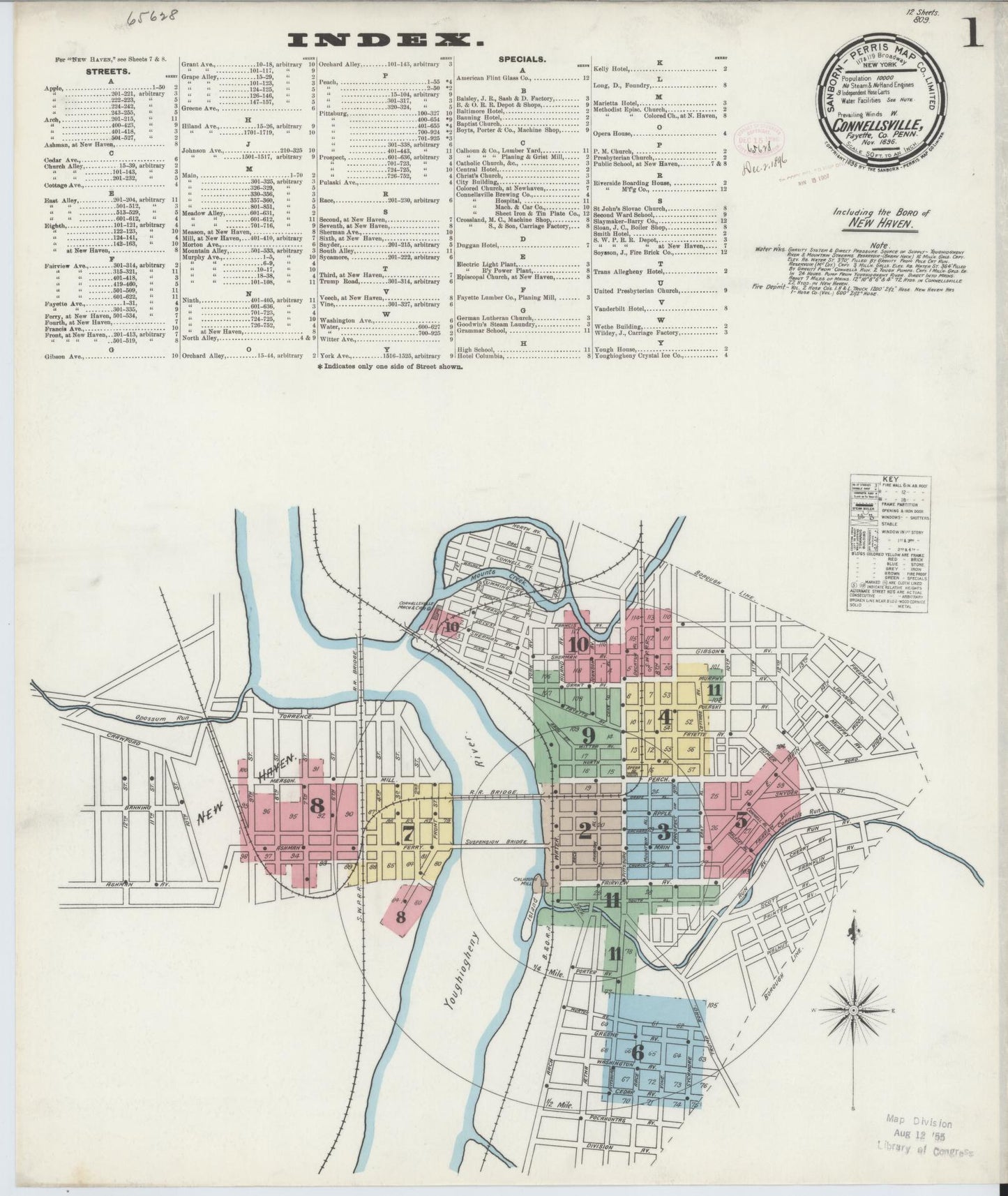 Sanborn Fire Insurance Map from Connellsville, Fayette County, Pennsylvania (1896), Sheet #0001 - Historic Sanborn Fire Insurance Map Print, vintage old map wall art, antique decor, genealogy gift, Pennsylvania Pennsylvania map