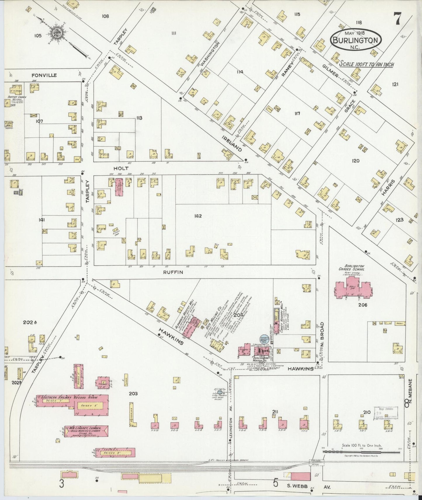 Sanborn Fire Insurance Map from Burlington, Alamance County, North Carolina (1918), Sheet #0007 - Historic Sanborn Fire Insurance Map Print, vintage old map wall art, antique decor, genealogy gift, North Carolina North Carolina map