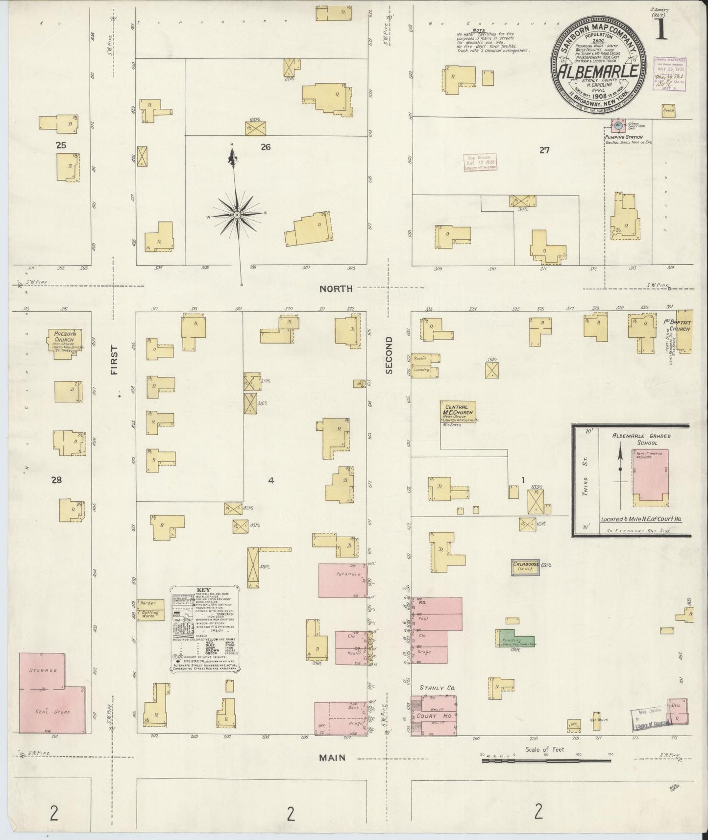 Sanborn Fire Insurance Map from Albemarle, Stanley County, North Carolina (1908), Sheet #0001 - Historic Sanborn Fire Insurance Map Print, vintage old map wall art, antique decor, genealogy gift, North Carolina North Carolina map